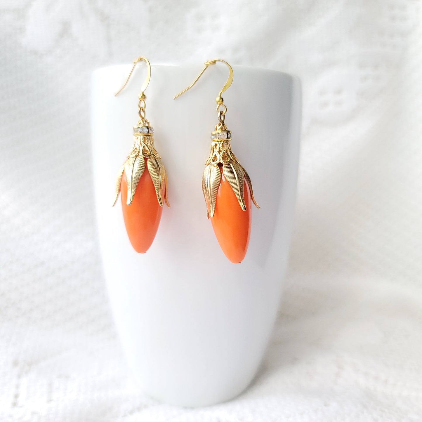 Orange Flower Blossom Bud Earrings, Long Orange Buds with Gold Leaf’s, made with Upcycled, Repurposed Vintage materials and some new. 