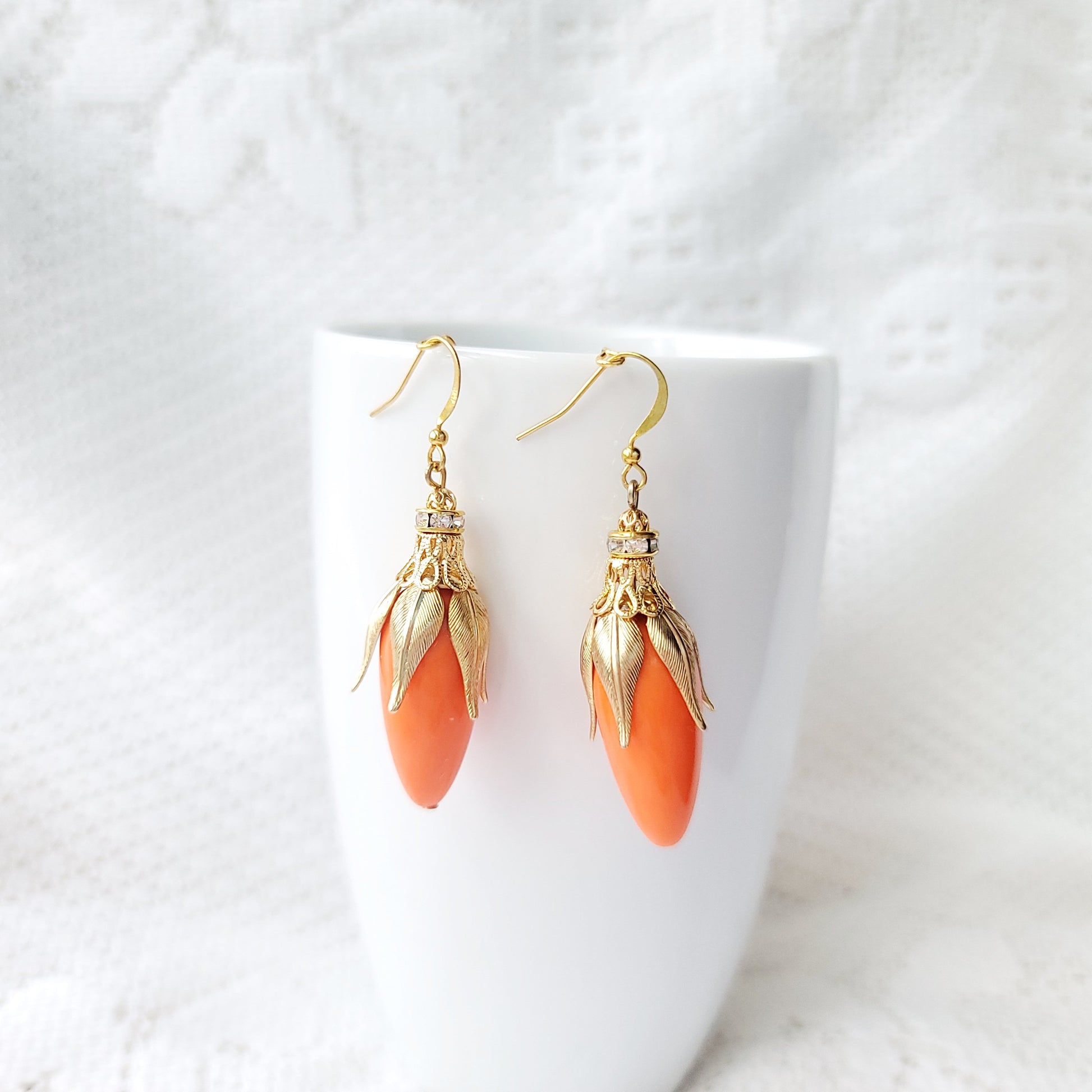 Orange Flower Blossom Bud Earrings, Long Orange Buds with Gold Leaf’s, made with Upcycled, Repurposed Vintage materials and some new. 