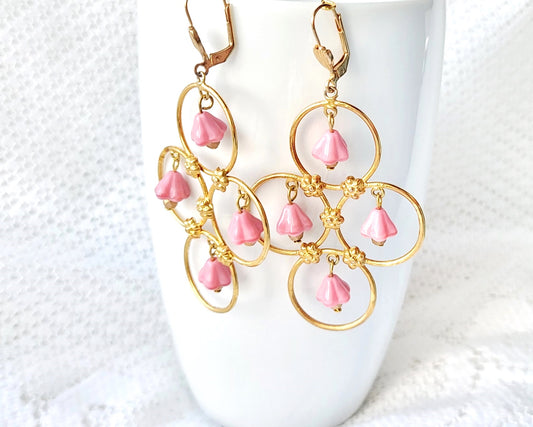 Large Pink Flower Chandelier Earrings made with Upcycled Gold metal and pink Czech glass flowers 