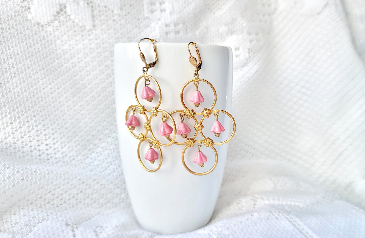 Large Pink Flower Chandelier Earrings made with Upcycled Gold metal and pink Czech glass flowers 