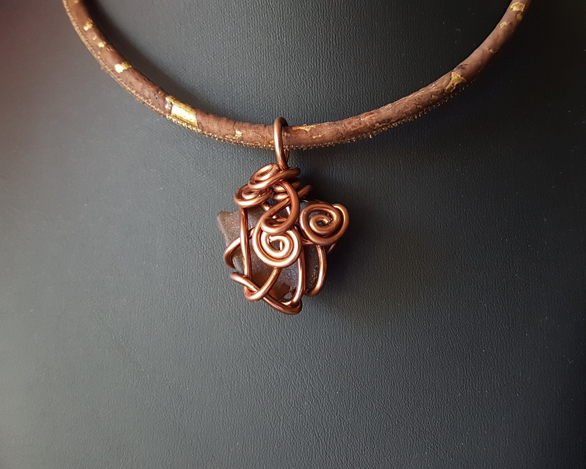 Warm and Cosy Wire Wrapped Beach Glass Pendant on Portuguese Cork-Bronze-Brown Lake Ontario Glass-Fair Trade-Sustainable
