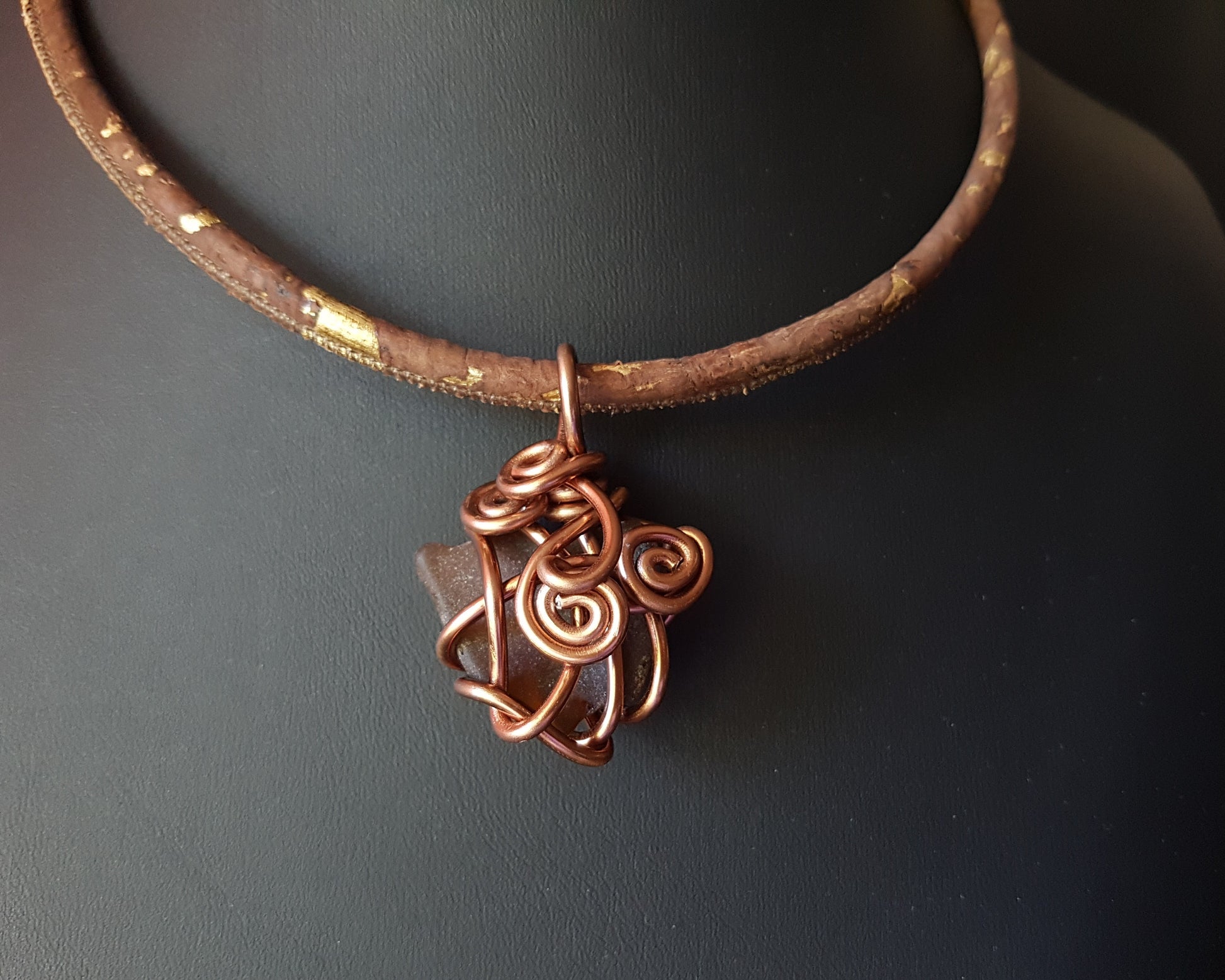 Warm and Cosy Wire Wrapped Beach Glass Pendant on Portuguese Cork-Bronze-Brown Lake Ontario Glass-Fair Trade-Sustainable