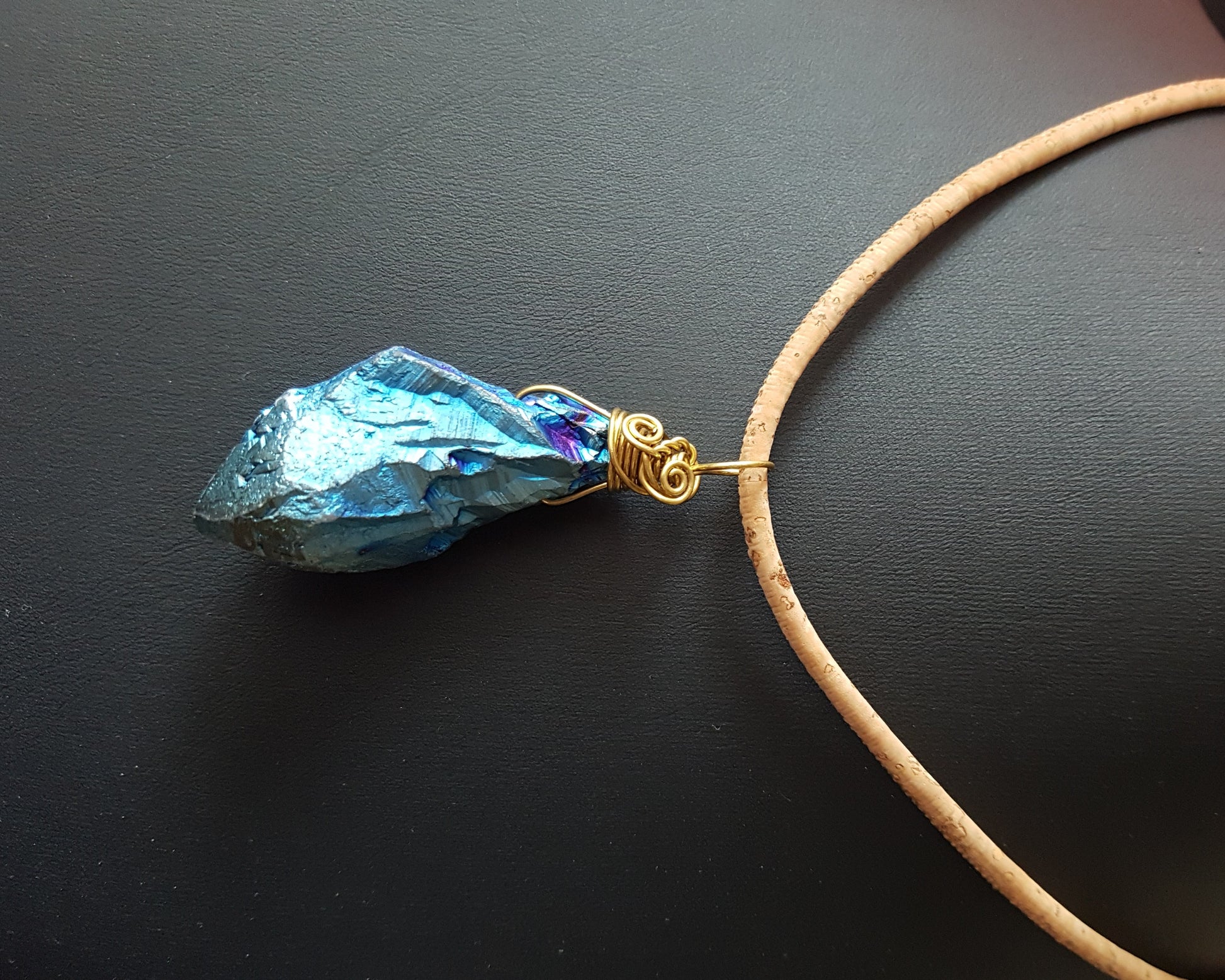 Blue Fire Quartz Crystal Pendant on Portuguese Cork Cord-OOAK-Handmade-Wire Wrapped Electroplated Quartz