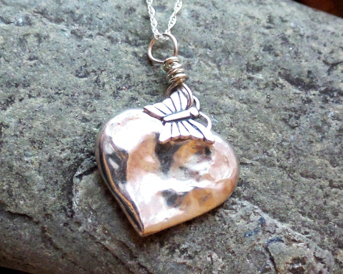 Heart Butterfly Transformation Pedant Necklace, Upcycled & New Sterling Silver
