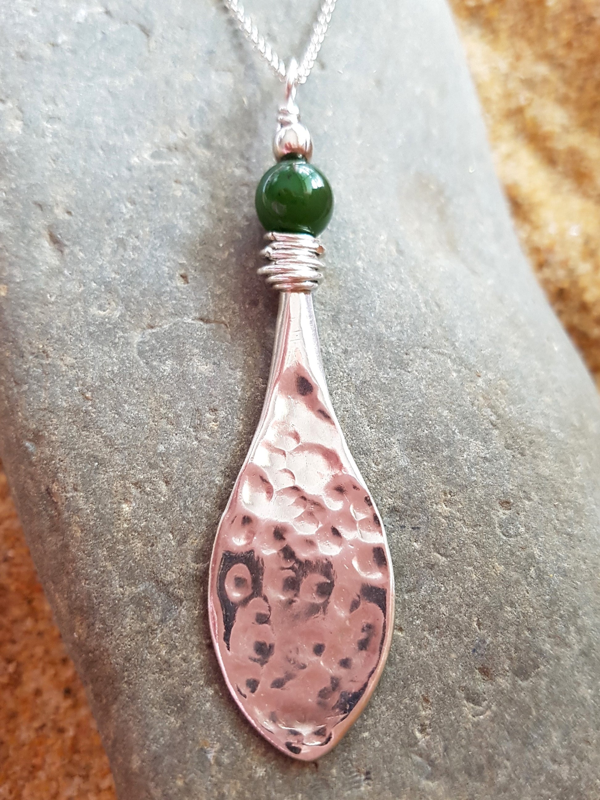 Vintage Jade River Paddle Pendant, Sterling Silver pendant with green Jade Stone