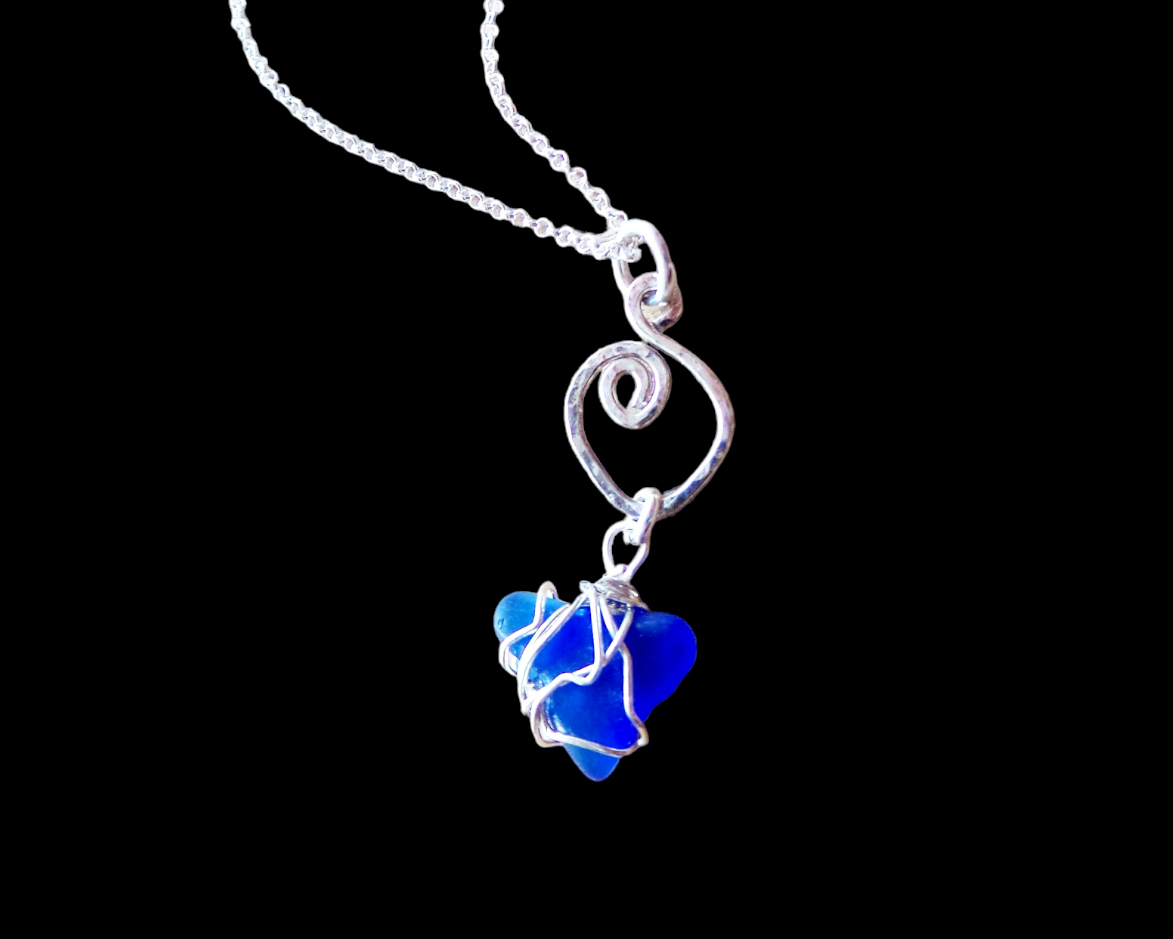 Celtic Blue Beach Glass Pendant, Sterling Silver, Wire Wrapped Pendant on Chain, Lake Ontario