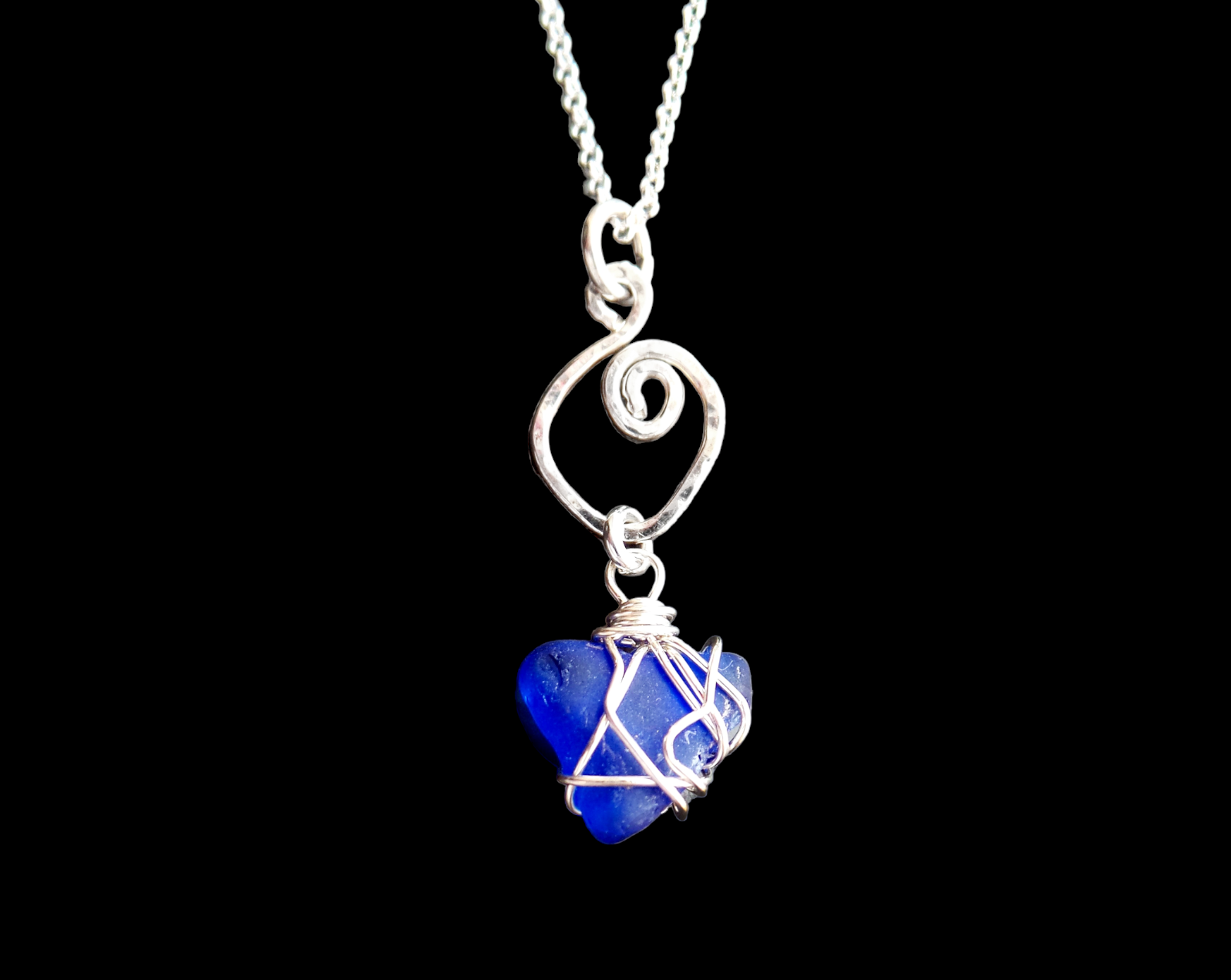 Celtic Blue Beach Glass Pendant, Sterling Silver, Wire Wrapped Pendant on Chain, Lake Ontario