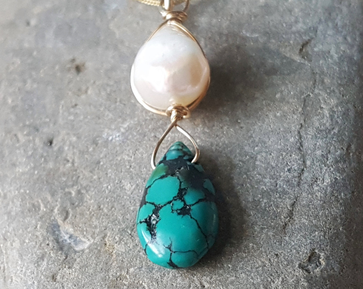 Baroque Pearl Turquoise Pendant with fine 14k Gold Filled curb chain, a Large White Freshwater Cultured Pearl and Turquoise drop shaped stone, wire wrapped with Gold Filled wire. 