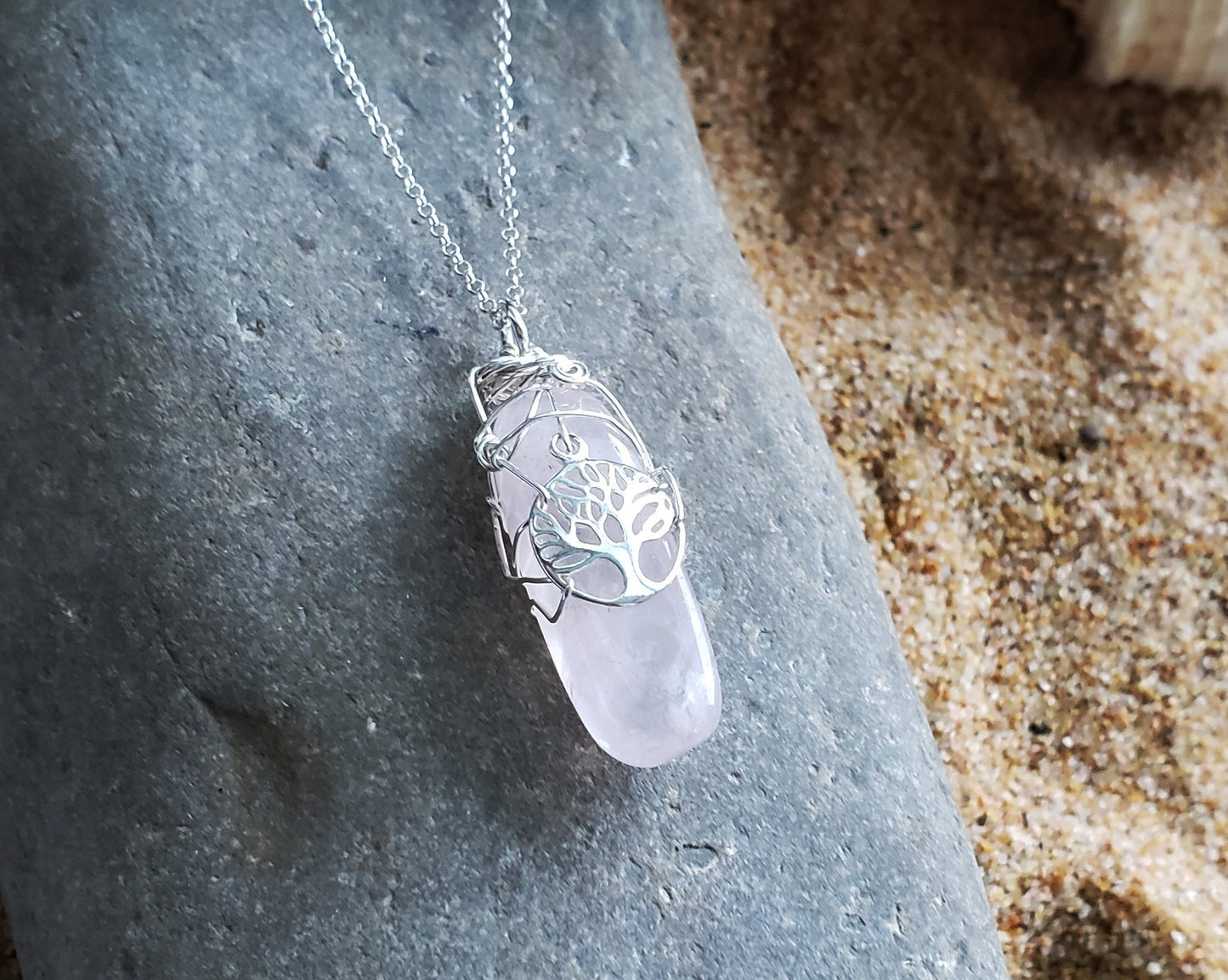 Strong and full of Faith Rose Quartz, Tree of Life Pendant Necklace