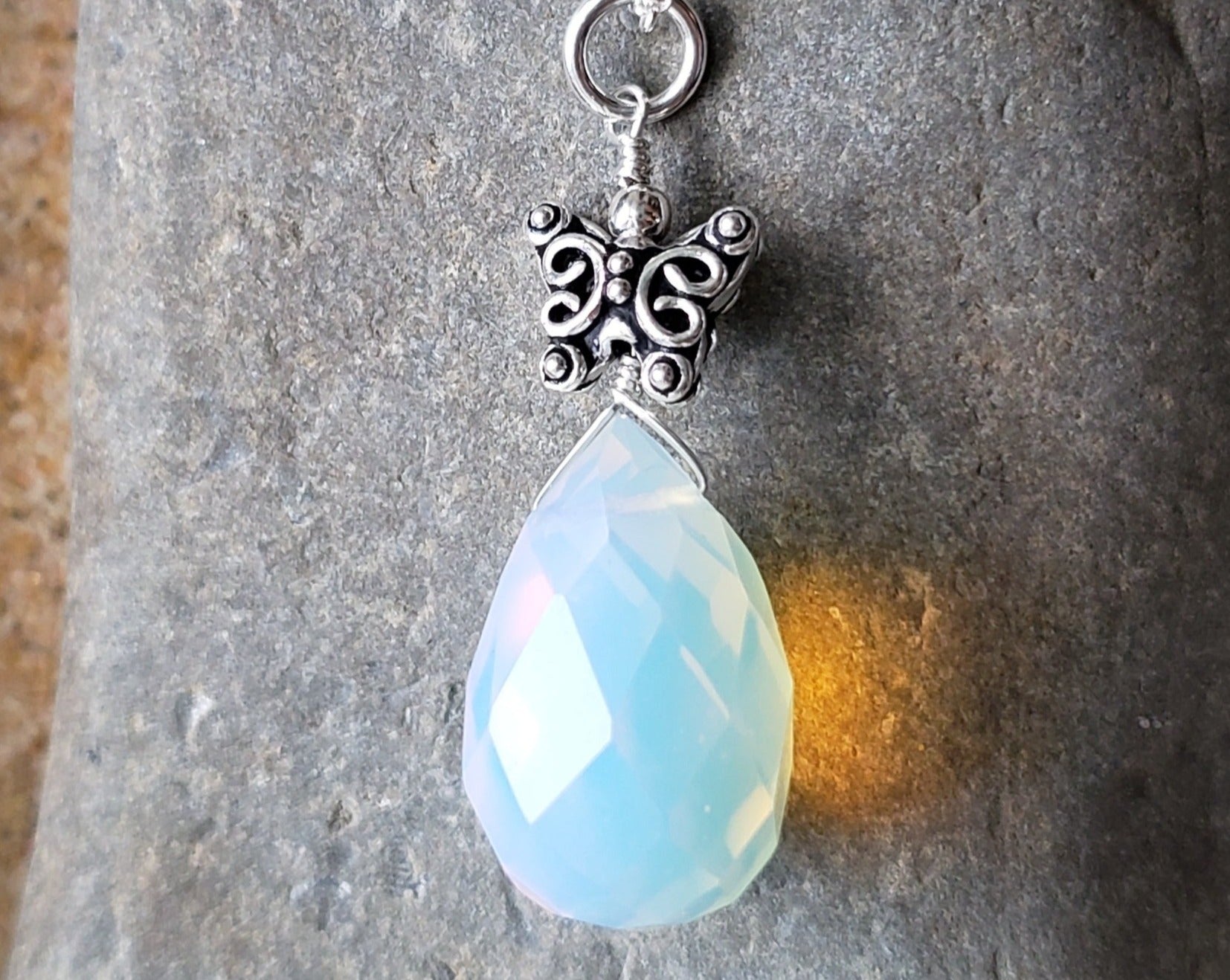 Butterfly Opal Dreams Pendant, Sterling Silver, Synthetic Opal, Large faceted Stone, Detailed three dimensional Butterfly on Rollo Chain