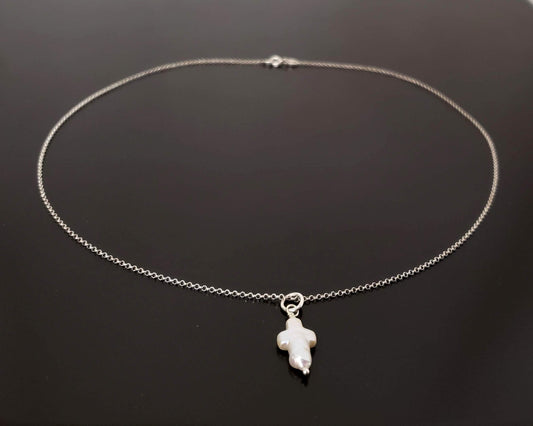 White Freshwater Cultured Cross Pendant, Sterling Silver Minimalist White Pearl Cross