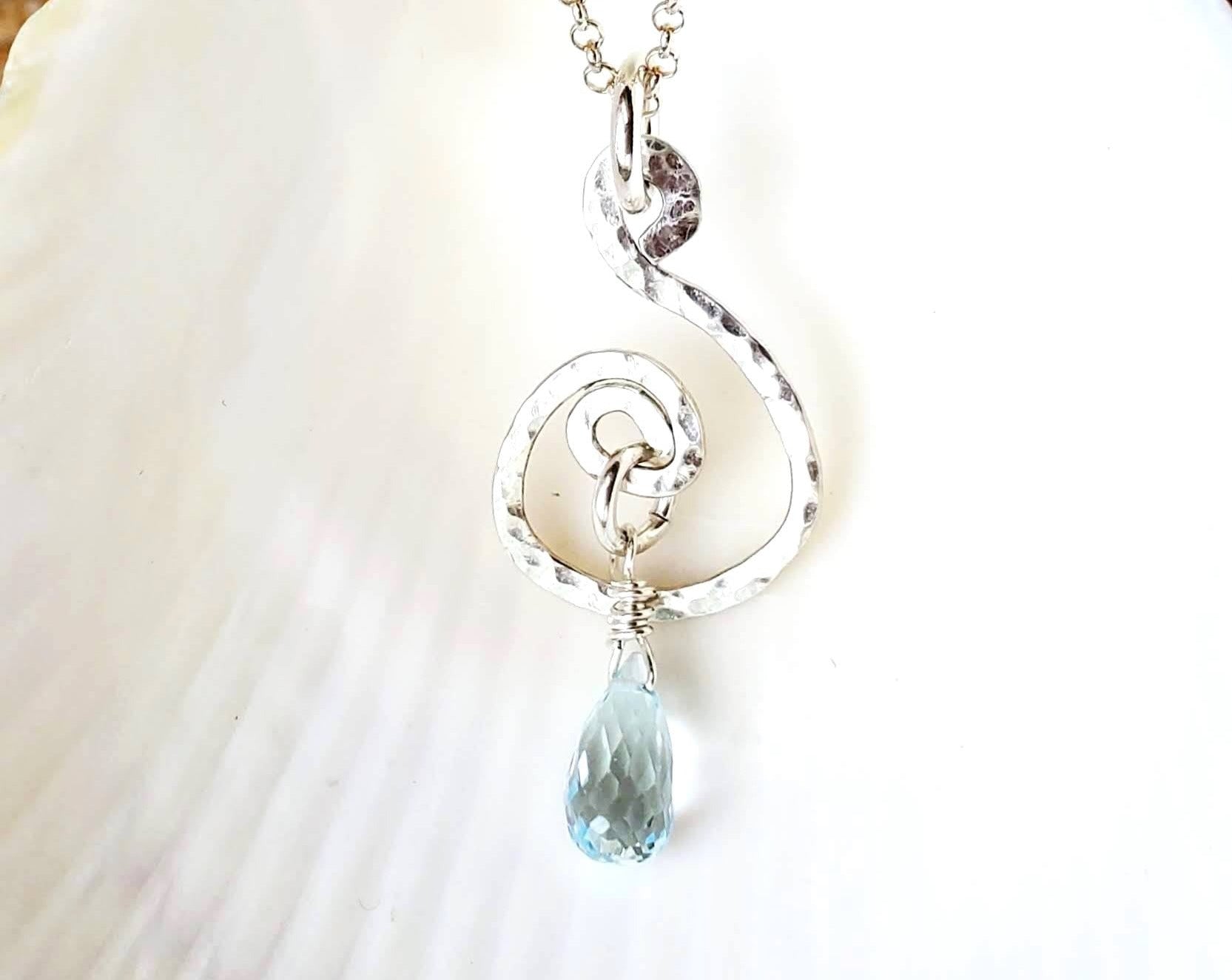 Blue Topaz Life Water Droplet Pendant Necklace, Sterling Silver Genuine Blue Topaz Pendant