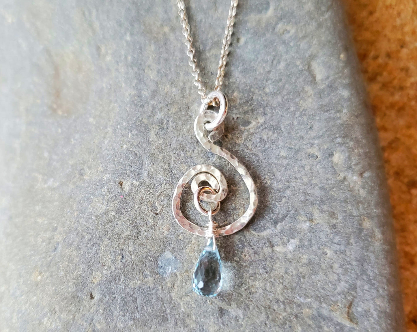 Blue Topaz Life Water Droplet Pendant Necklace, Sterling Silver Genuine Blue Topaz Pendant