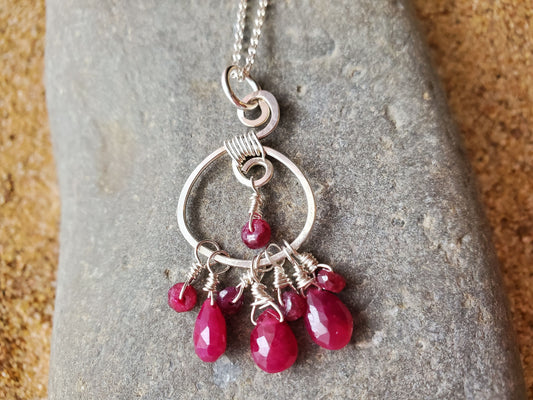Ruby Bountiful Earth Pendant, Sterling Silver Pendant, Celtic Design with Cluster of Dangling Rubies