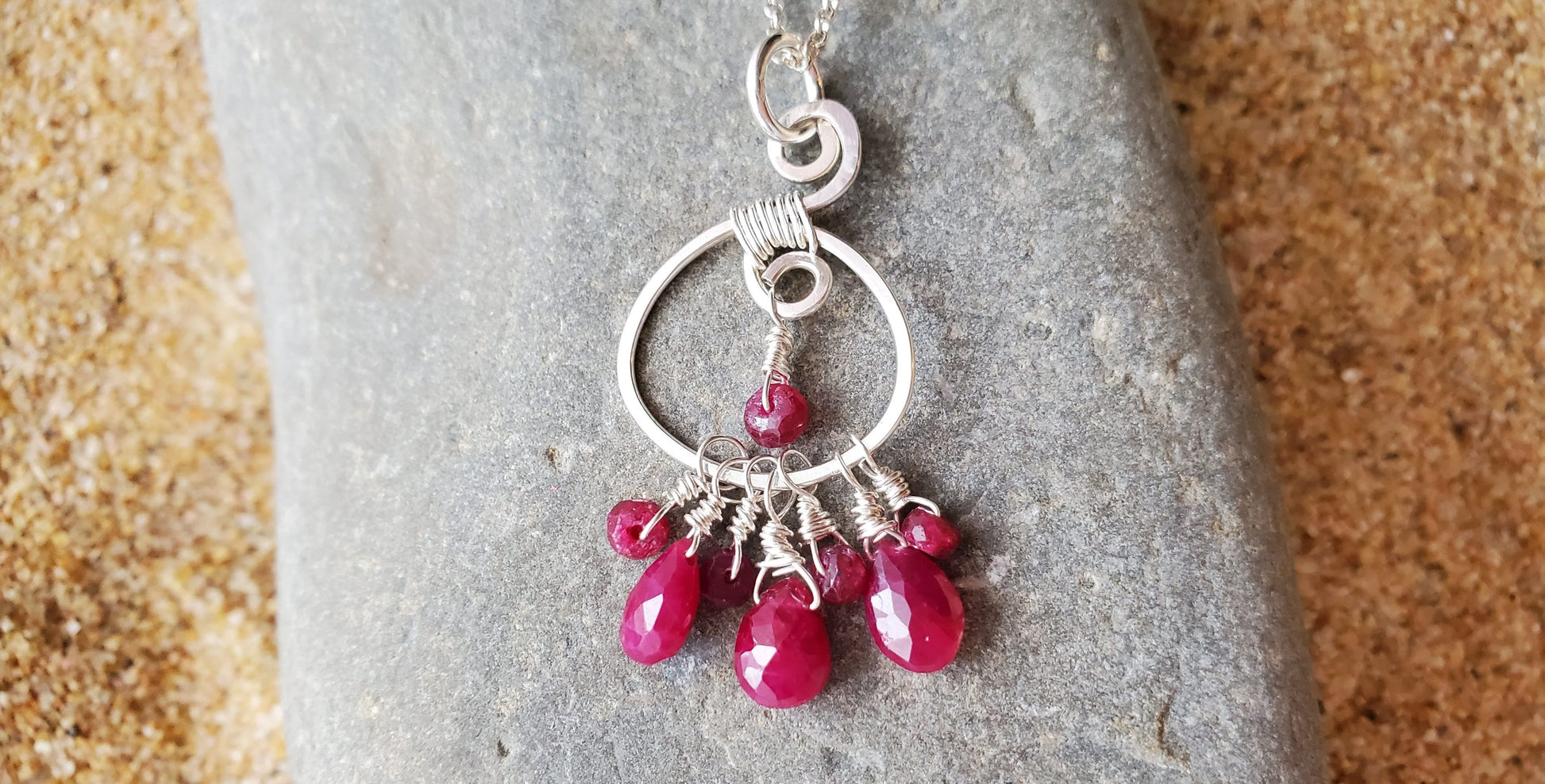 Ruby Bountiful Earth Pendant, Sterling Silver Pendant, Celtic Design with Cluster of Dangling Rubies