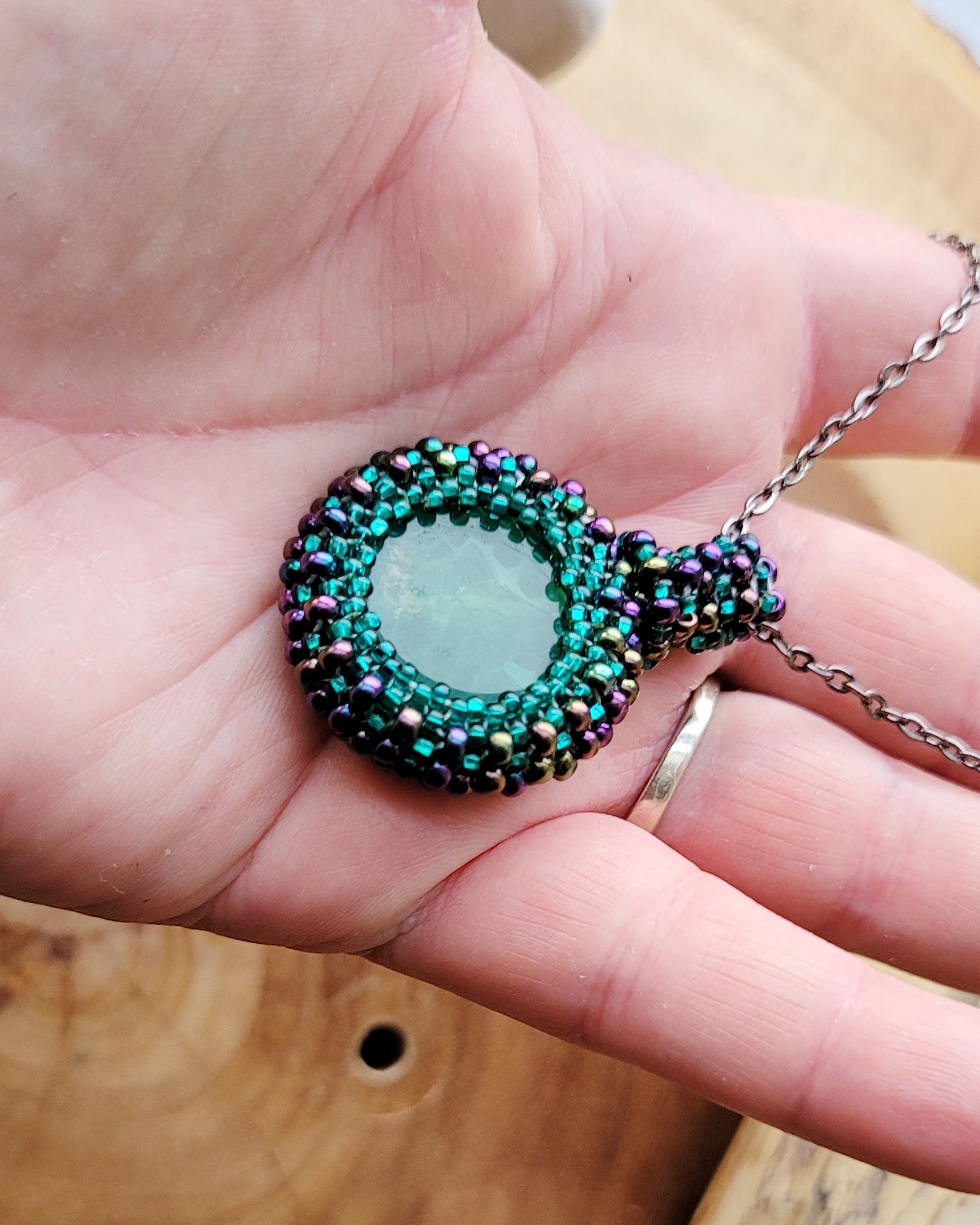 Excitement and Joy Beaded Agate Pendant, One of a kind Beaded Green Agate Pendant, metallic blue & teal green glass seed beads