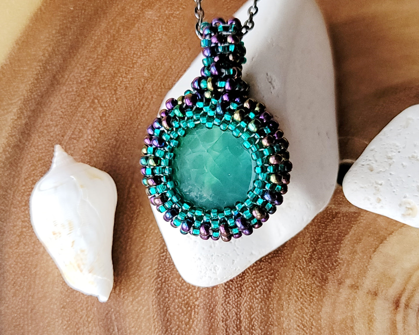 Excitement and Joy Beaded Agate Pendant, One of a kind Beaded Green Agate Pendant, metallic blue & teal green glass seed beads