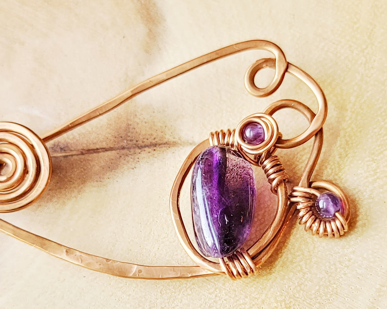Celtic inspired Brooch / Kit Pin with repurposed, Upcycled Copper wire and natural Purple Amethyst