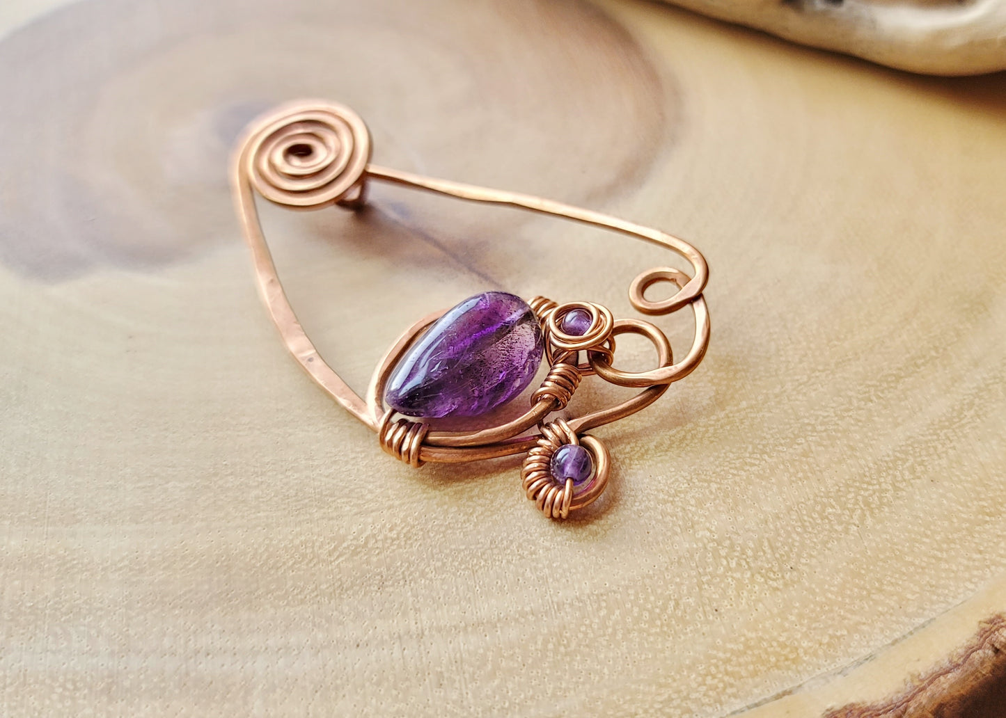 Celtic inspired Brooch / Kit Pin with repurposed, Upcycled Copper wire and natural Purple Amethyst