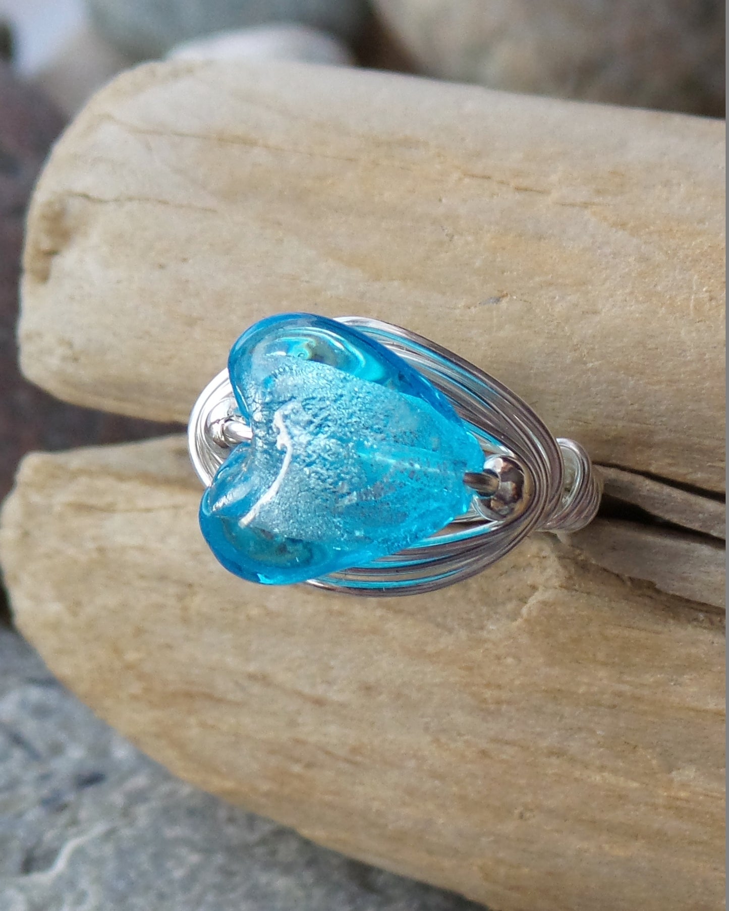 Aqua Blue Foil Glass Wire Wrapped Ring