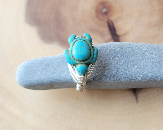 Turquoise Howlite Turtle Ring-Silver Plated