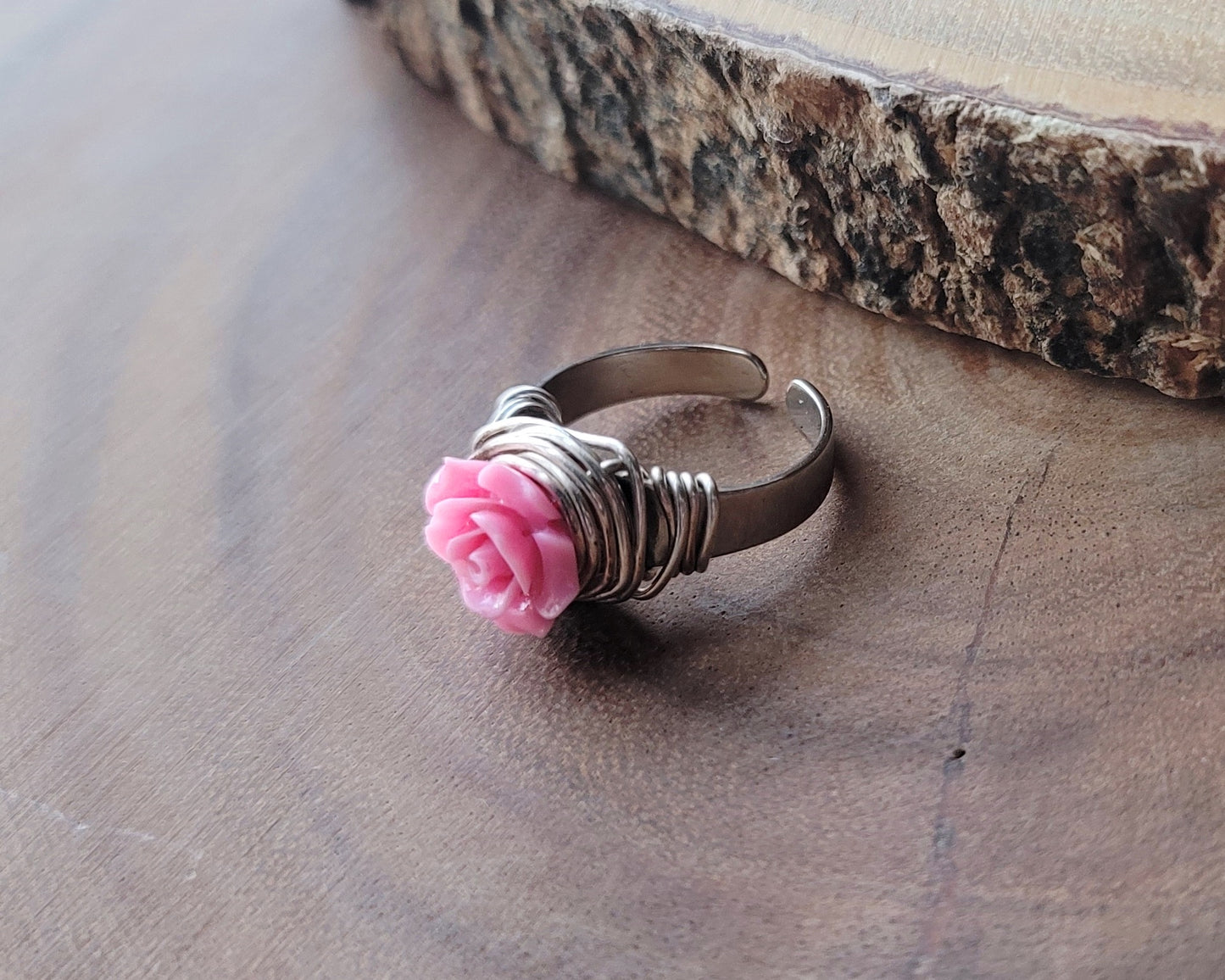 Pink Rose Wire Wrapped Ring-Adjustable