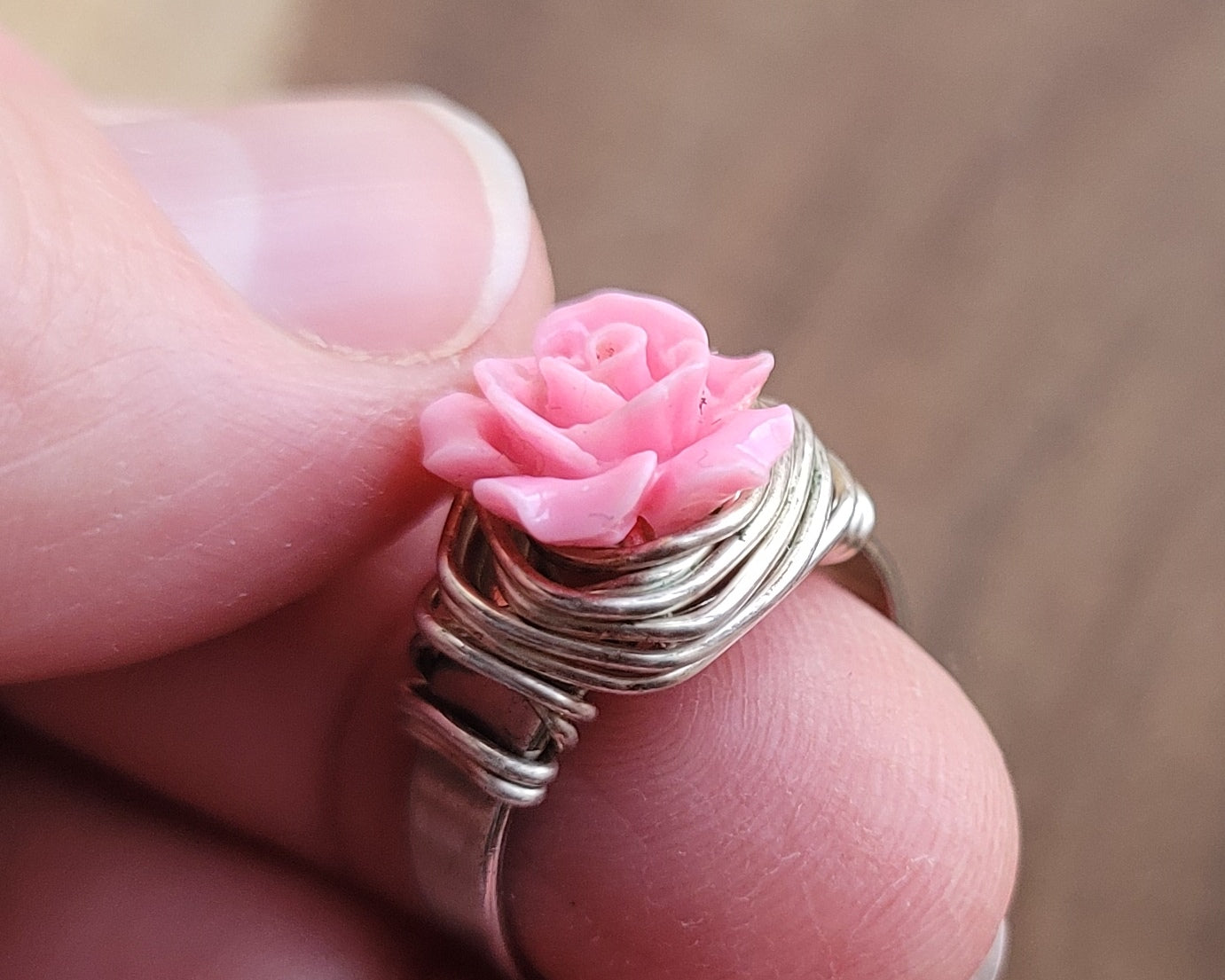 Pink Rose Wire Wrapped Ring-Adjustable