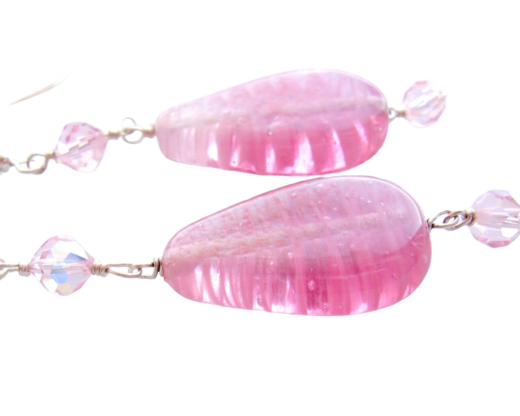 Art Deco style, long pink glass, and crystal earrings