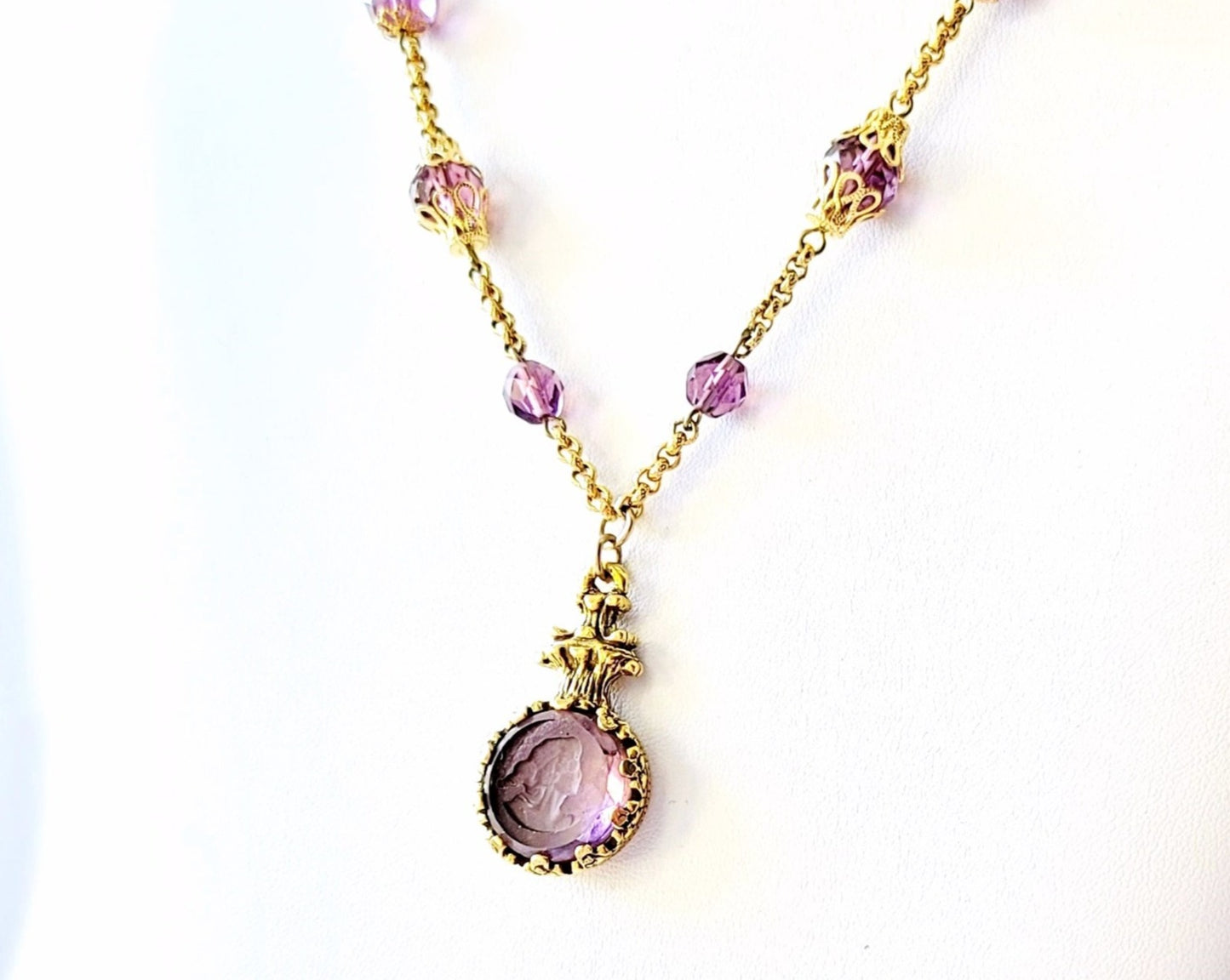 Long Gold Vintage Mauve Glass Cameo Necklace and Earring Set