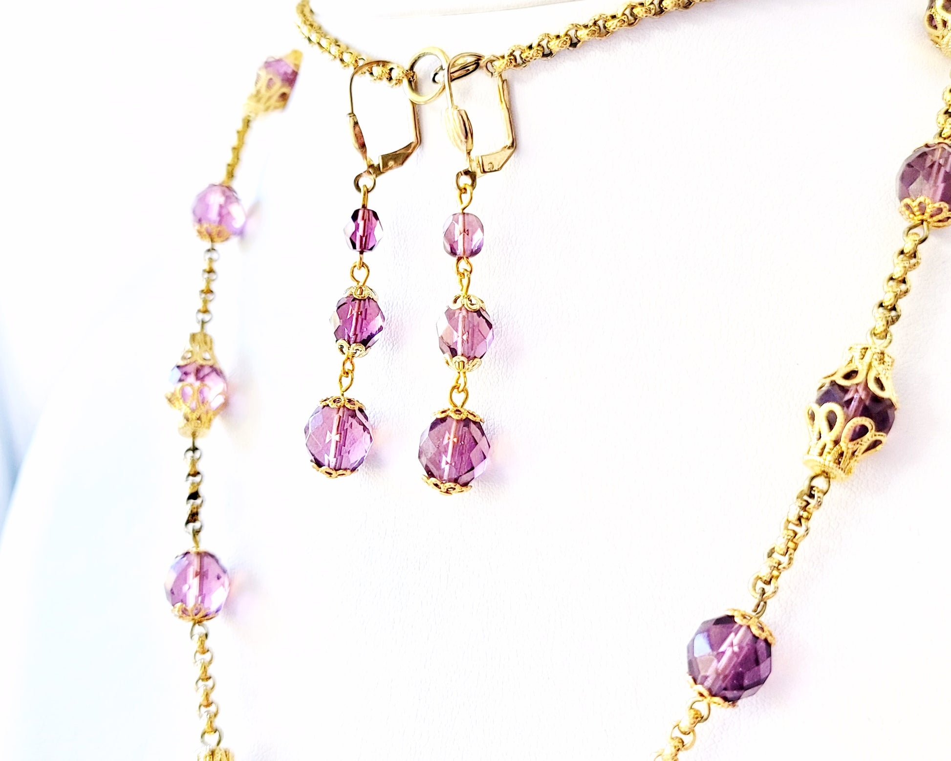 Long Gold Vintage Mauve Glass Cameo Necklace and Earring Set