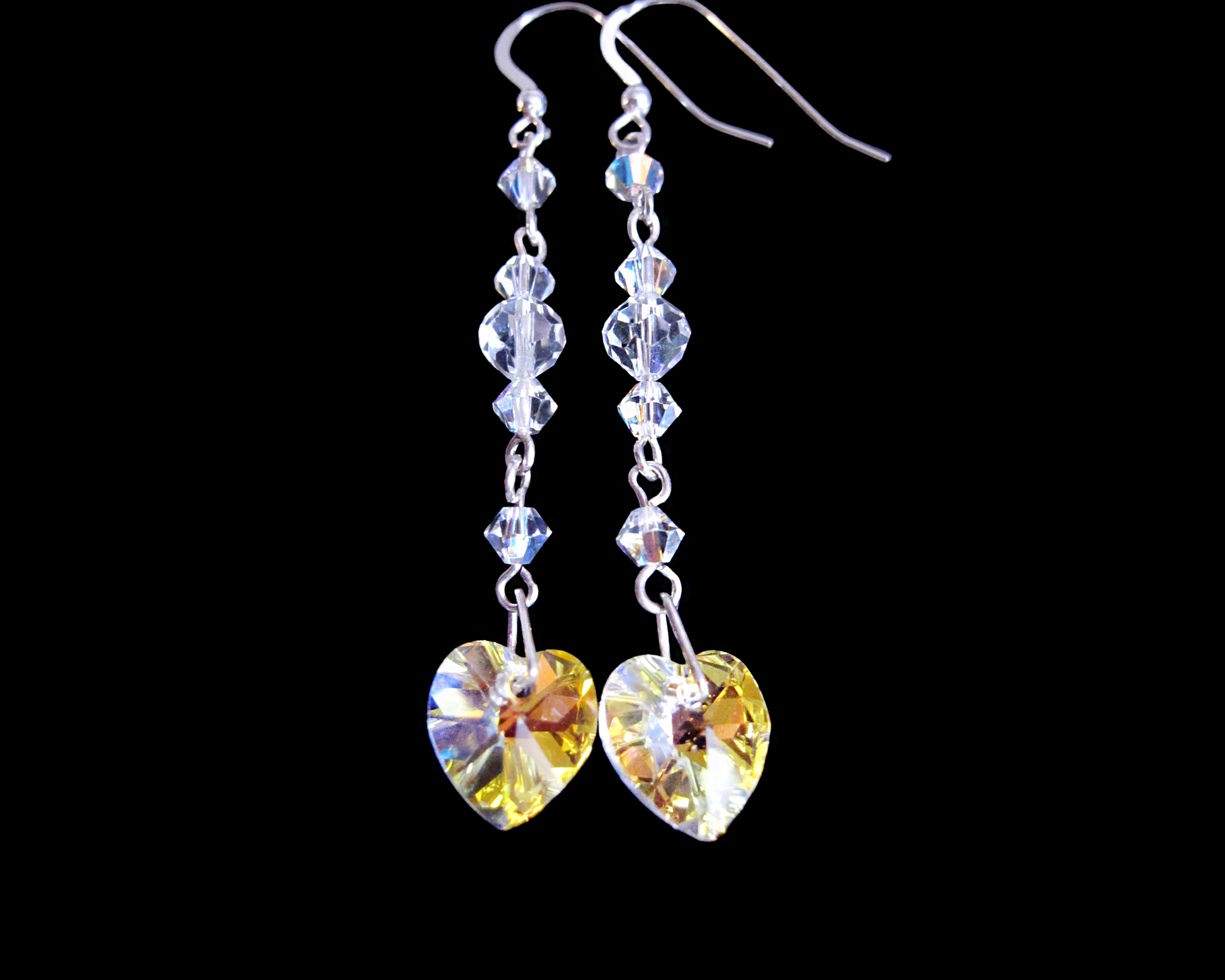 Long Dangly Crystal Heart Earrings -Art Deco Inspired-Sterling Silver-New and Vintage Clear AB Crystal