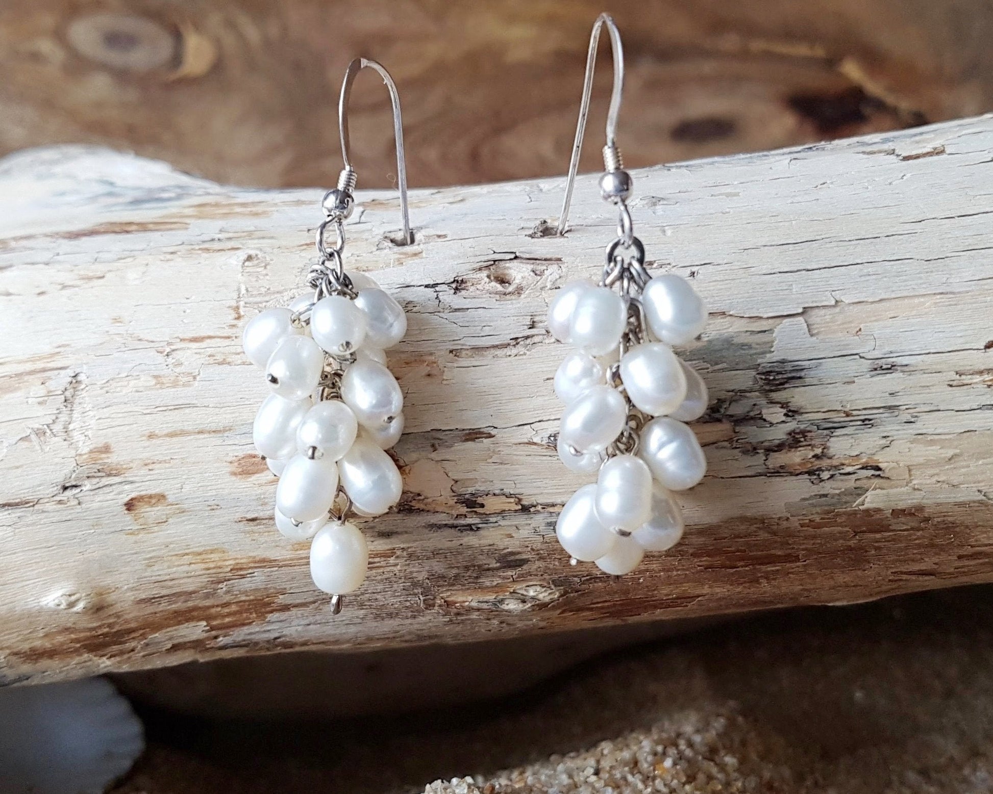 Long White Pearl Cluster Earrings