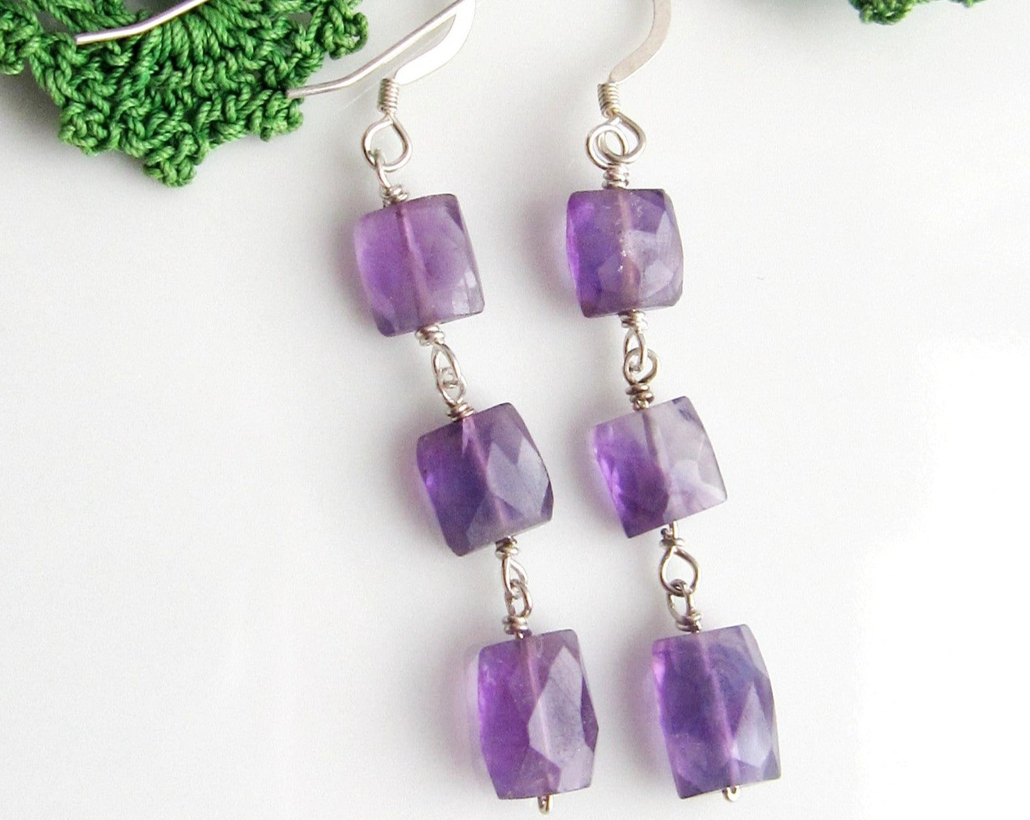 Long Amethyst Earrings with three square and rectangle faceted stones on Sterling Silver french earring hooks. 