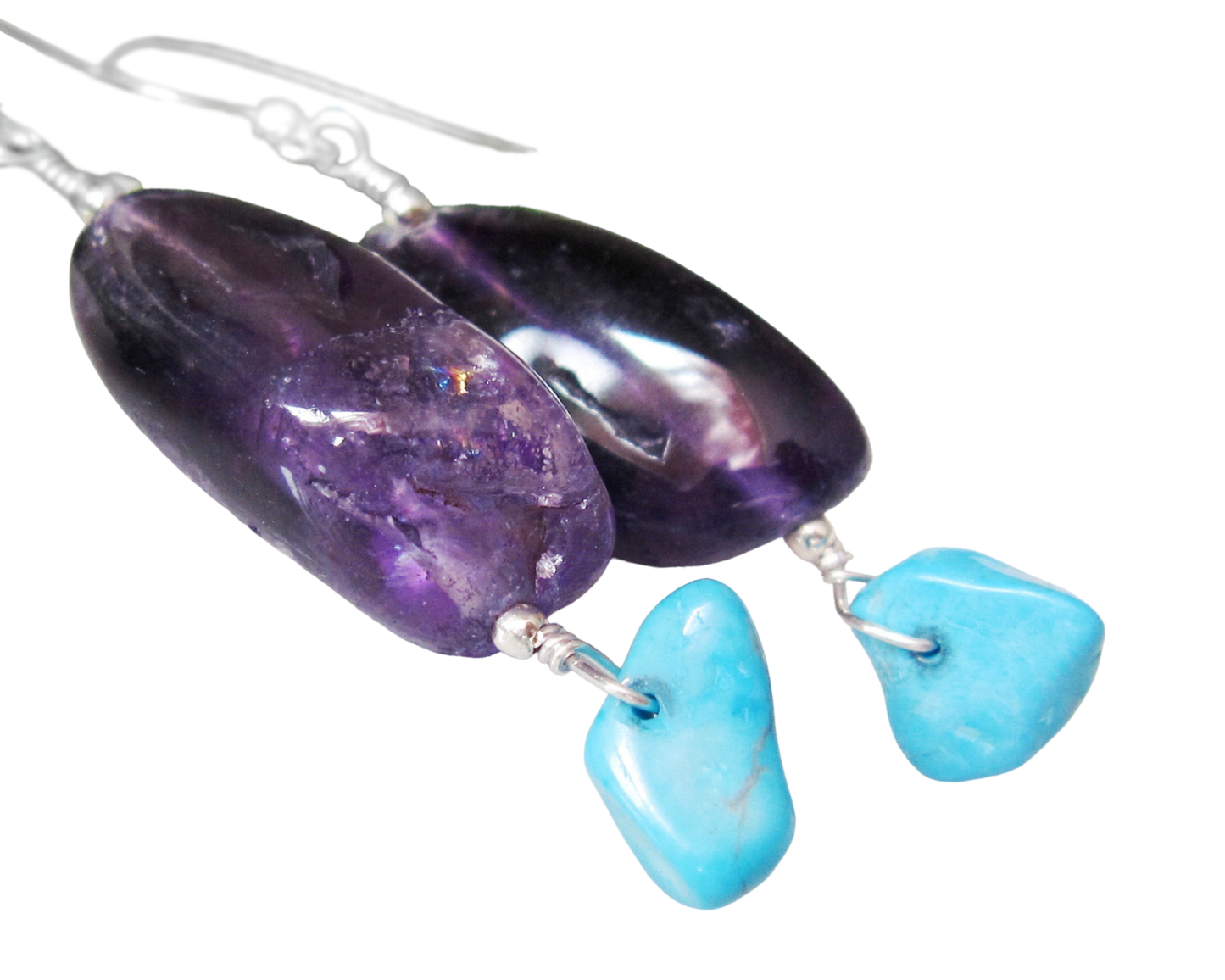 Long  Sterling Silver Amethyst Nugget and Turquoise Howlite Earrings