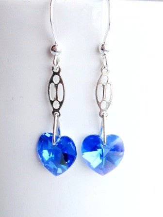 Art Deco Style Sapphire Heart Earrings made wit Upcycled Sterling Silver and New, with Sapphire blue Crystal Hearts