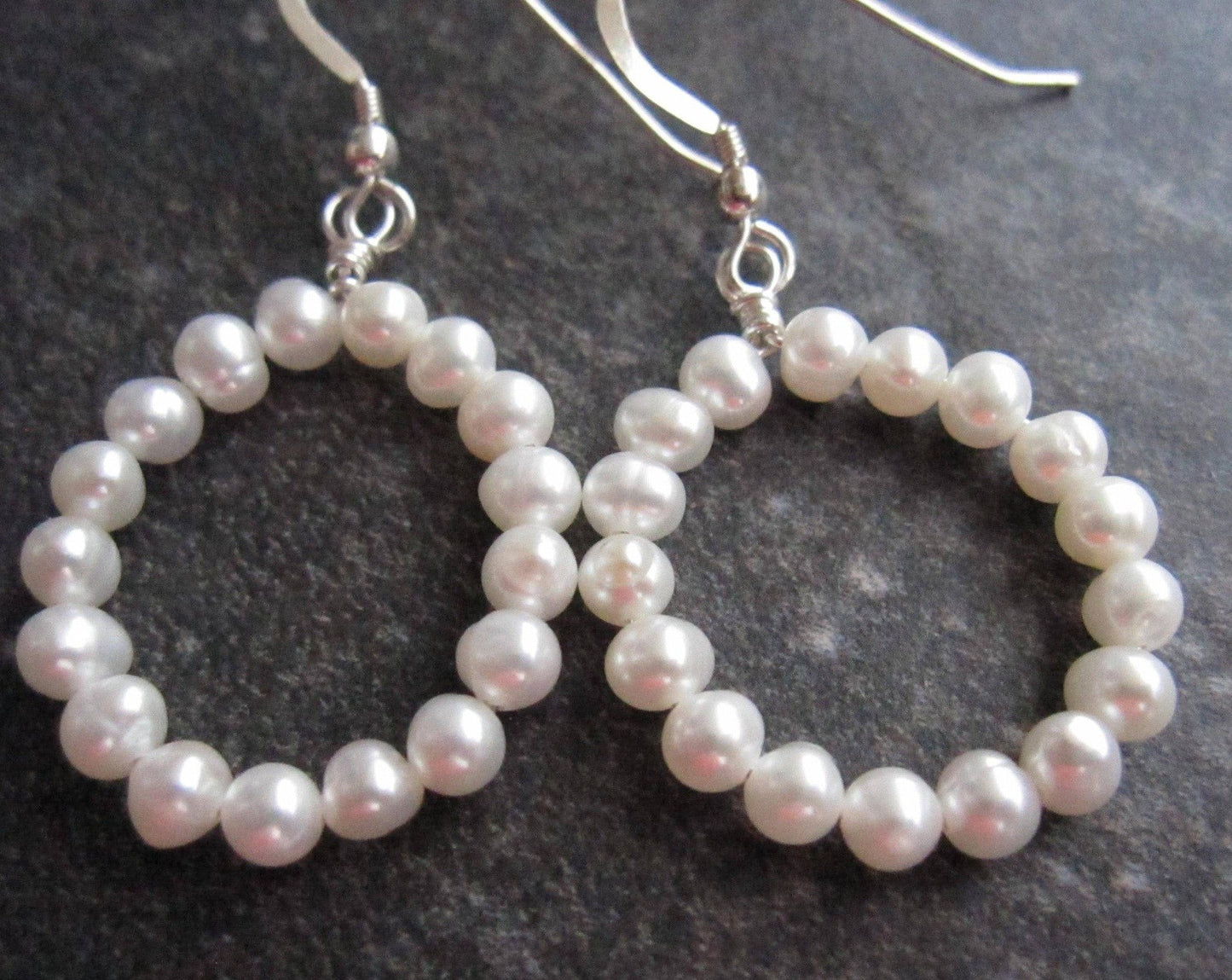 Genuine White Pearl Hoop Earrings made with Sterling Silver & High Quality white Freshwater Cultured Pearls. 