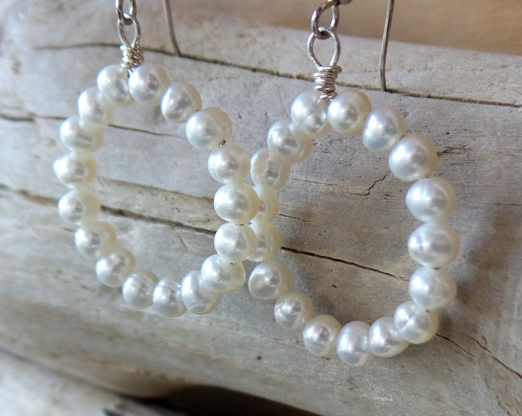 Genuine White Pearl Hoop Earrings made with Sterling Silver & High Quality white Freshwater Cultured Pearls. 