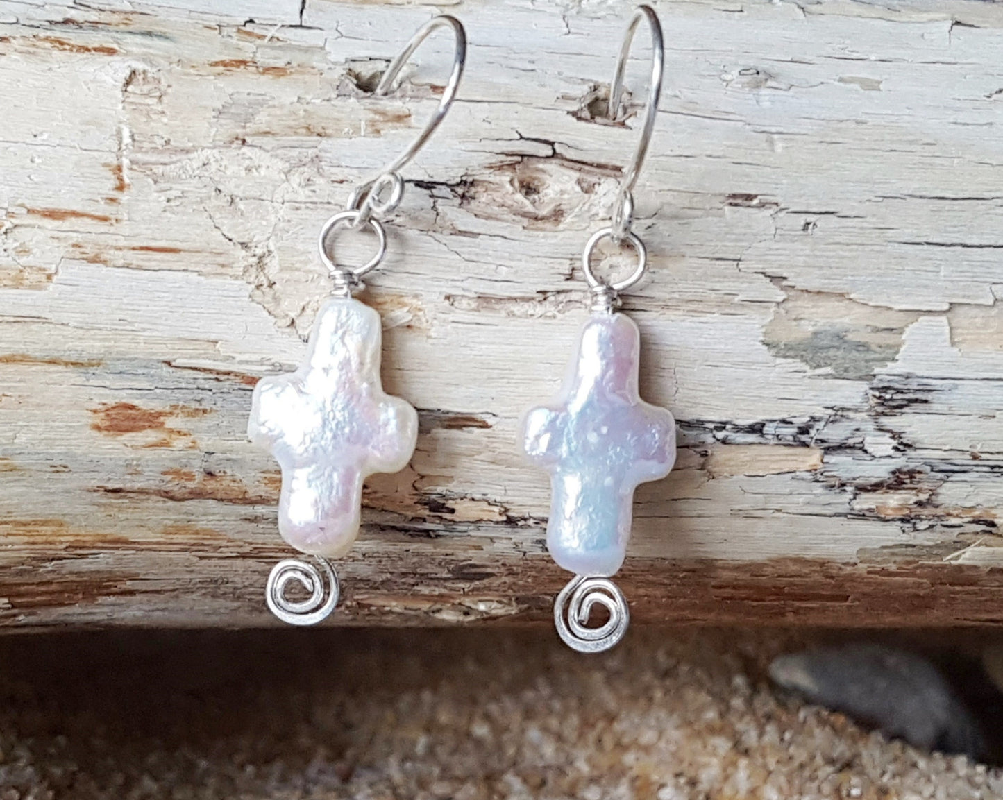      Celtic Inspired, White Pearl Cross Earrings with Eternity Coils, Freshwater Cultured Pearls and Sterling Silver.