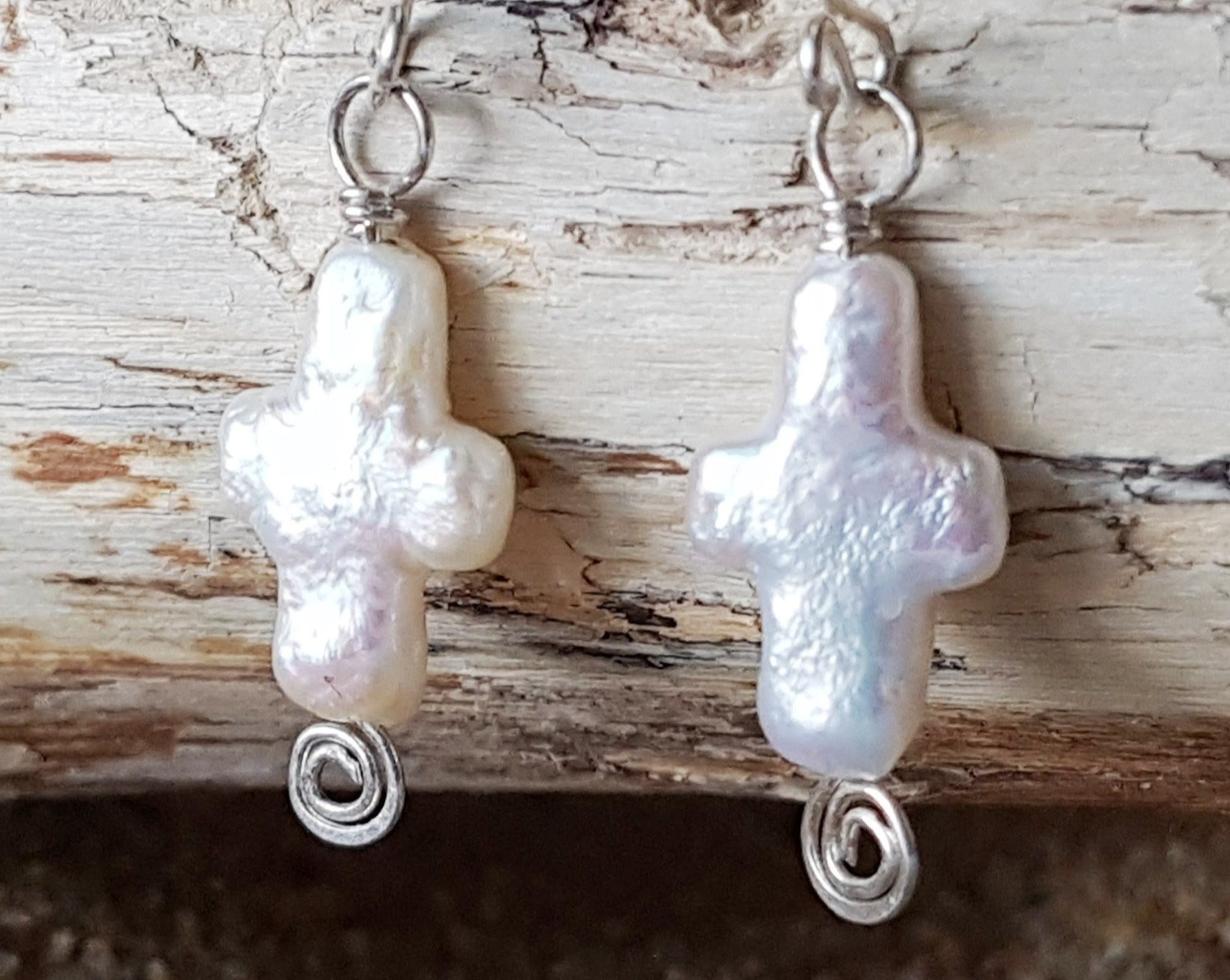      Celtic Inspired, White Pearl Cross Earrings with Eternity Coils, Freshwater Cultured Pearls and Sterling Silver.