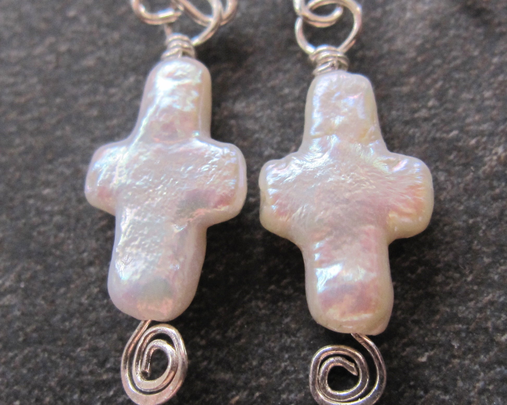      Celtic Inspired, White Pearl Cross Earrings with Eternity Coils, Freshwater Cultured Pearls and Sterling Silver.