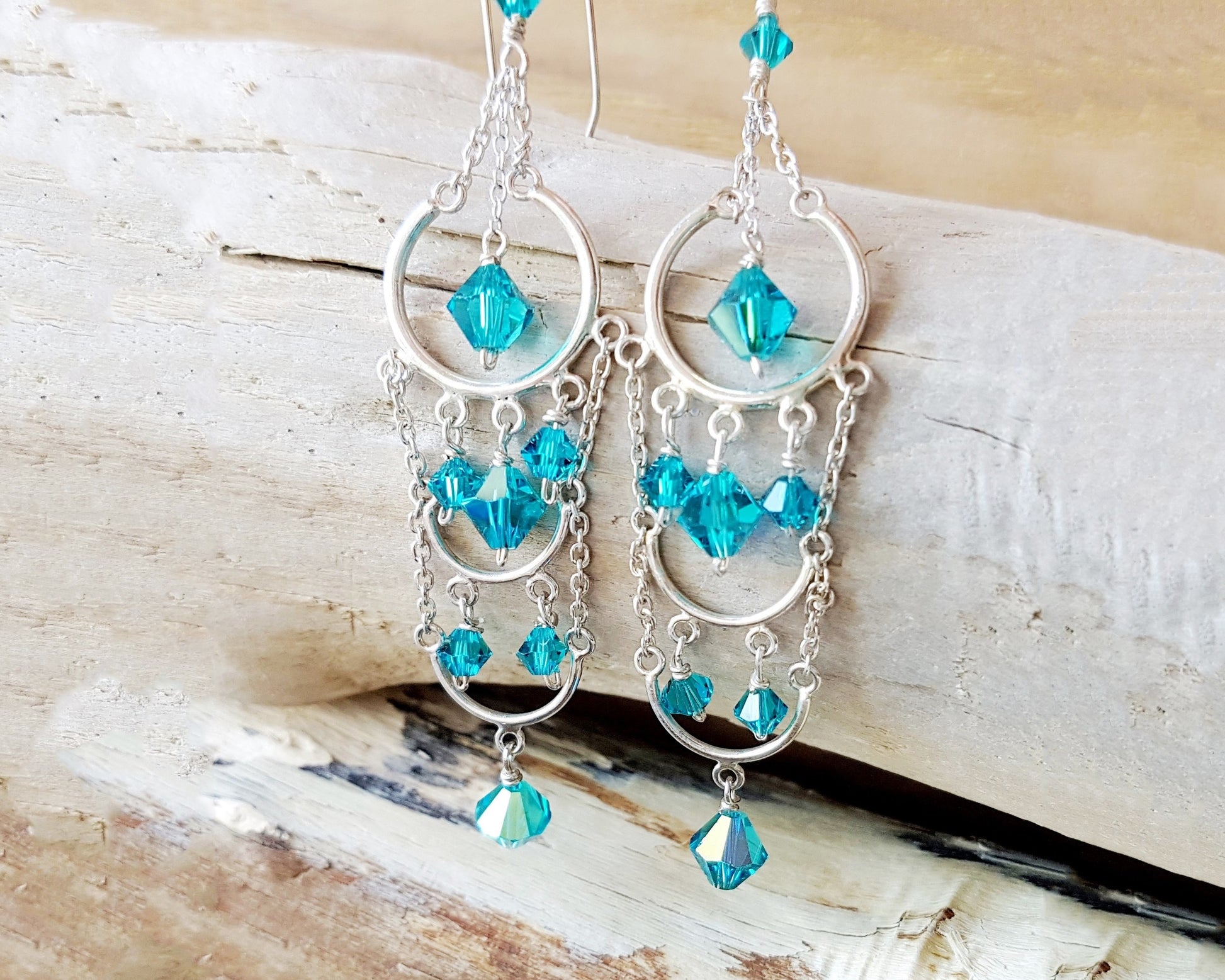 Long Zircon Blue Crystal Chandelier Earrings, Art Deco style, long greenish blue, teal, turquoise crystal on solid sterling silver. 