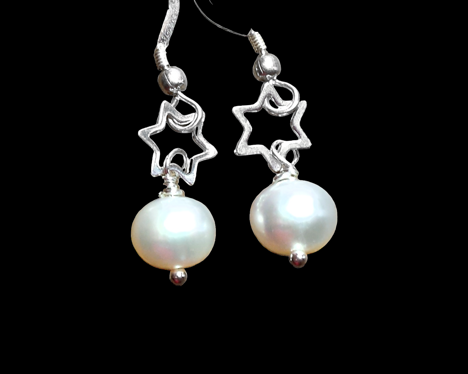 Reach for the Stars Pearl Earrings-Handcrafted Sterling Silver Stars & White Freshwater Cultured Pearls-Star of David