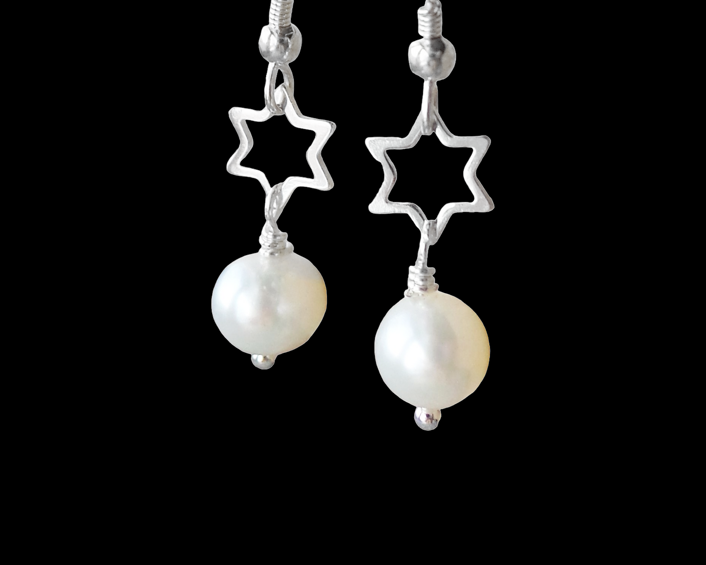 Reach for the Stars Pearl Earrings-Handcrafted Sterling Silver Stars & White Freshwater Cultured Pearls-Star of David
