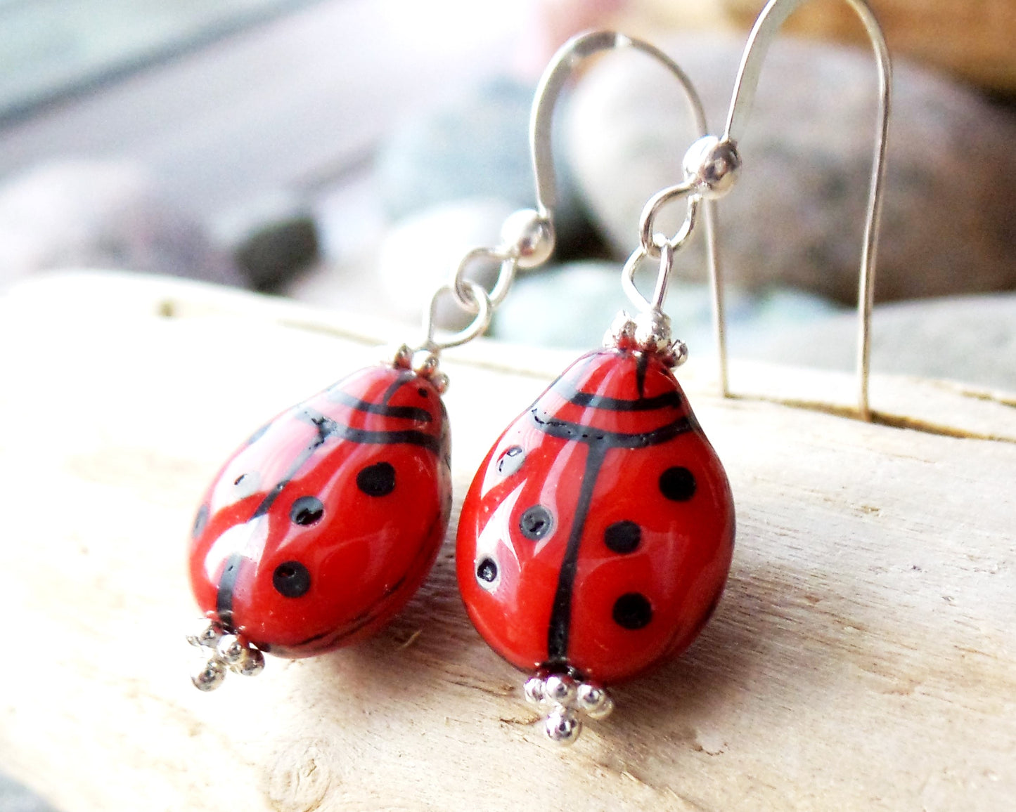 Ladybug Earrings made with solid 925 Sterling Silver and red glass Ladybugs