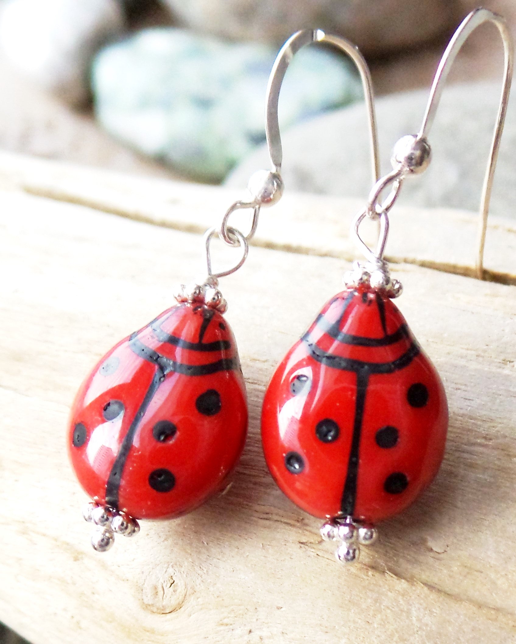 Ladybug Earrings made with solid 925 Sterling Silver and red glass Ladybugs