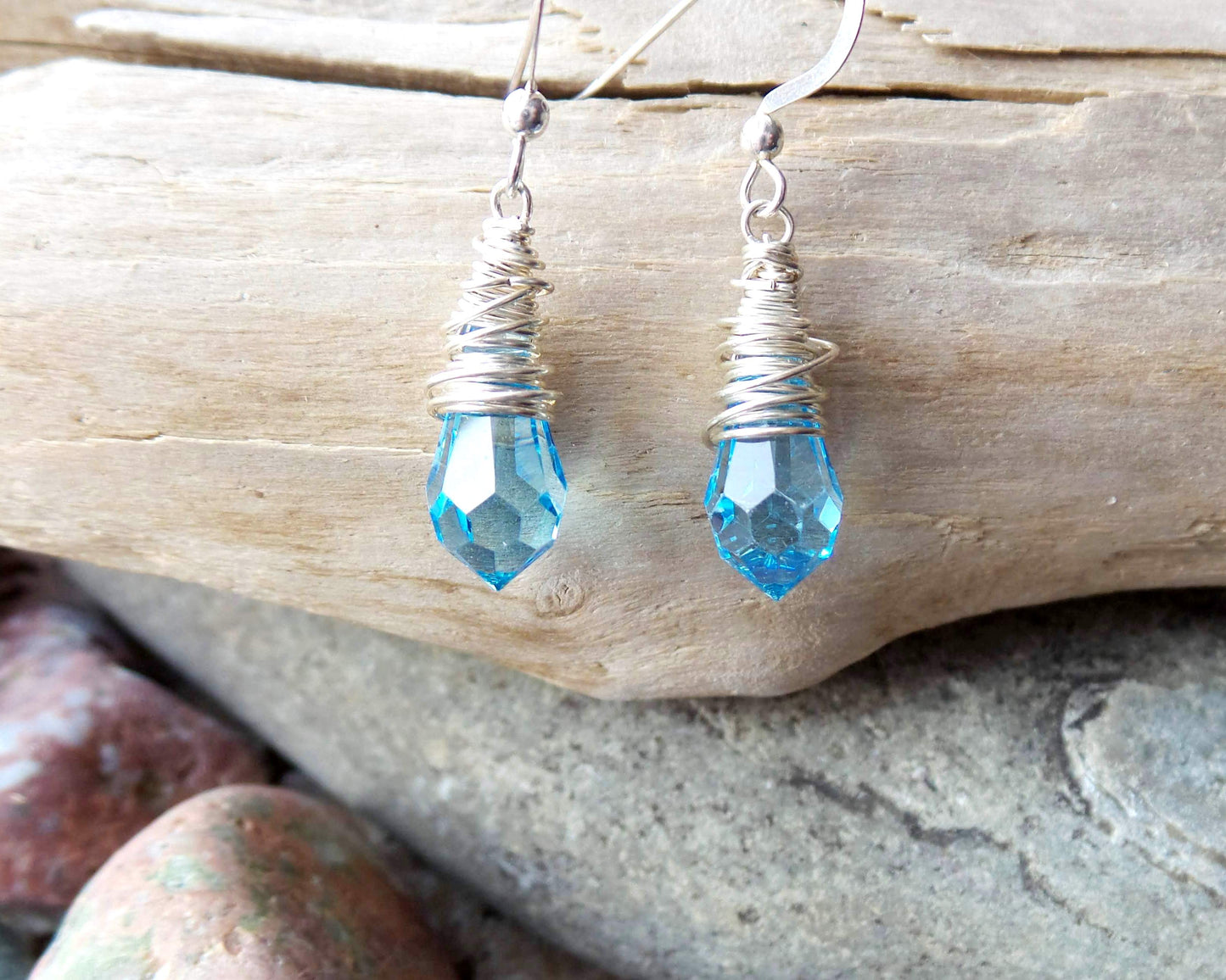Brilliant Aqua Blue Crystal Sterling Silver Wire Wrapped Earrings on French earring hooks