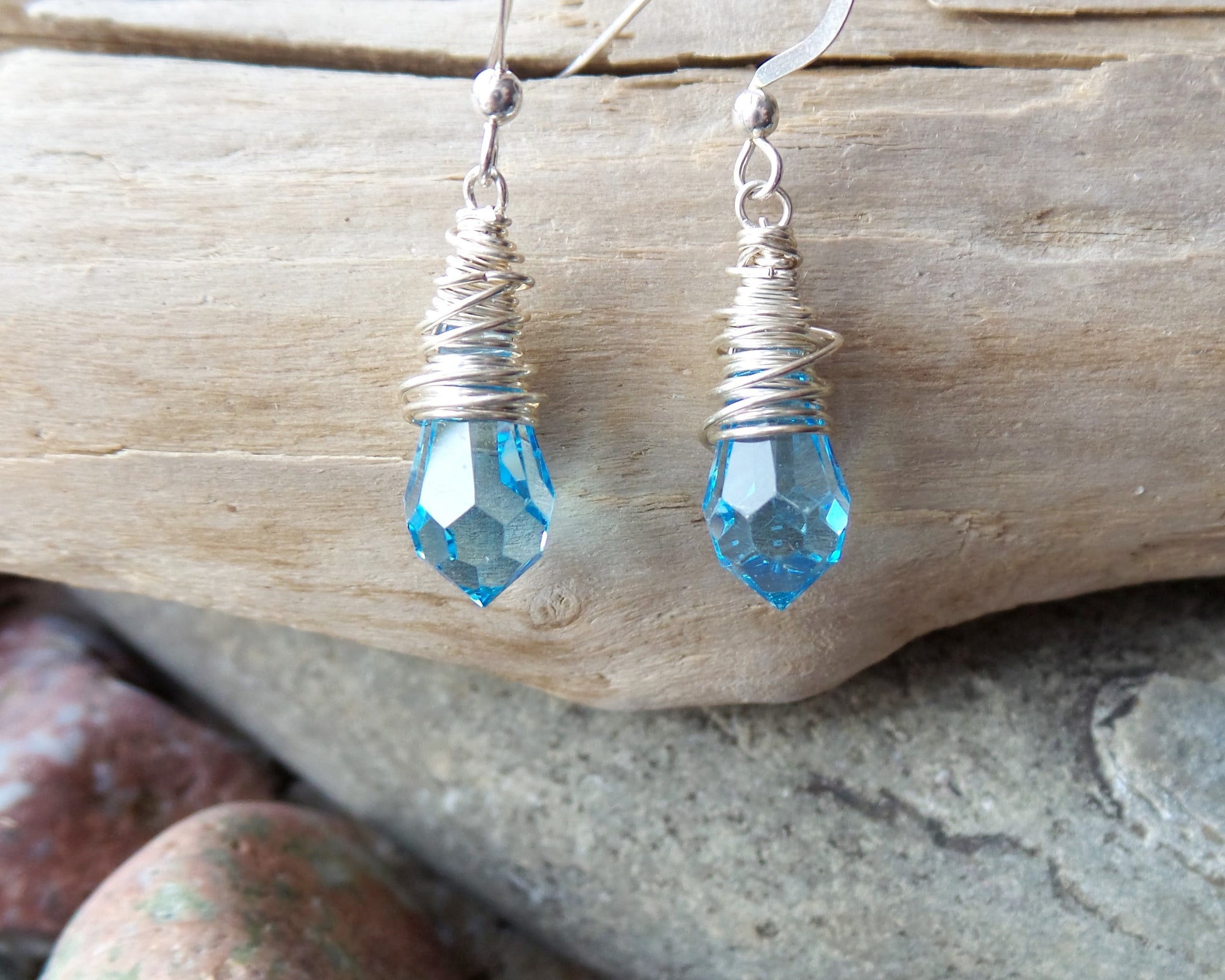 Brilliant Aqua Blue Crystal Sterling Silver Wire Wrapped Earrings on French earring hooks