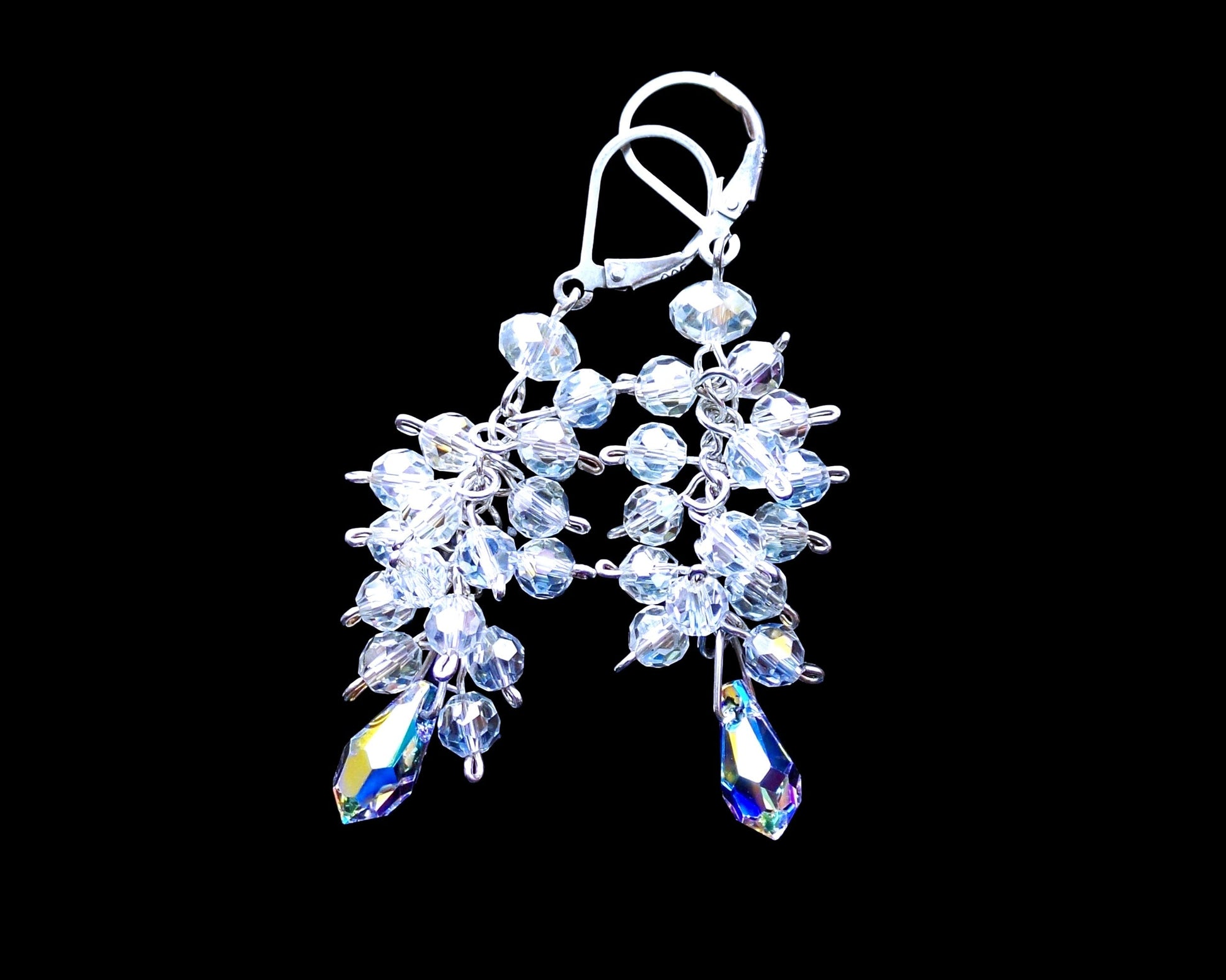 Fabulous Long Cluster Crystal Earrings-925 Sterling Silver- Clear Aurora Borealis Crystal-Long Statement Earrings
