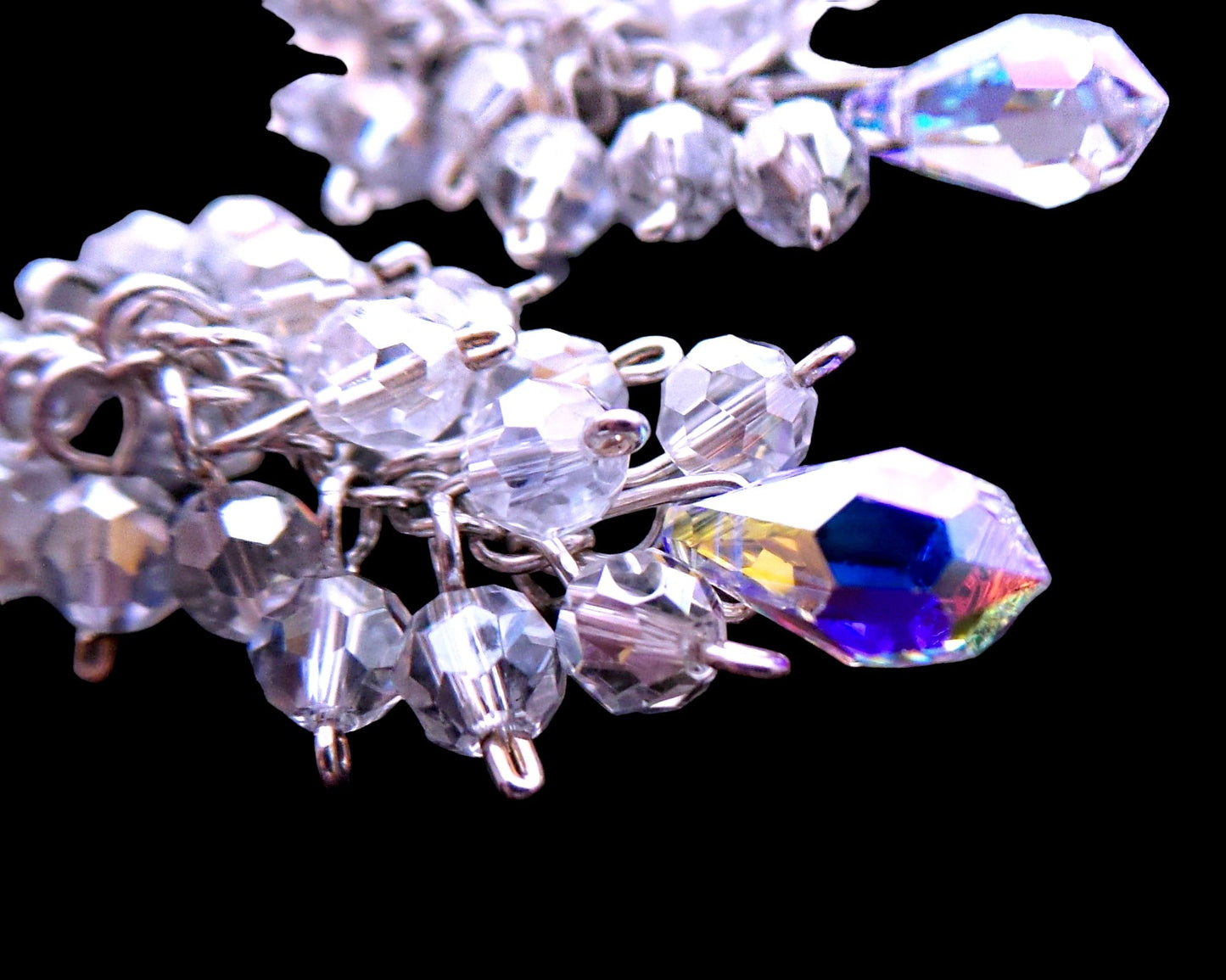 Fabulous Long Cluster Crystal Earrings-925 Sterling Silver- Clear Aurora Borealis Crystal-Long Statement Earrings