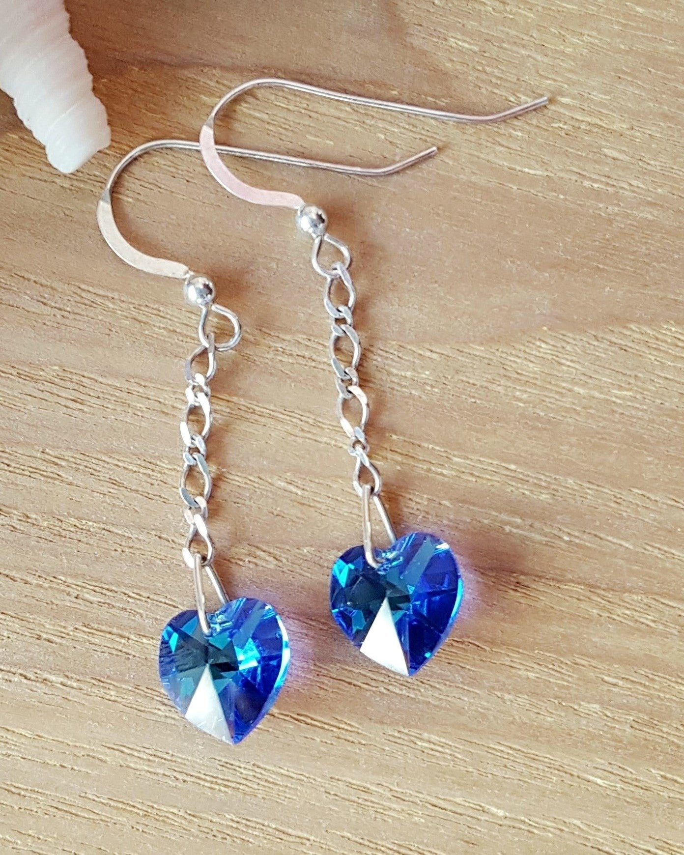  Long Sapphire Blue Crystal Heart Dangle Earrings, Long Sterling Silver chain with Crystal Blue Heart
